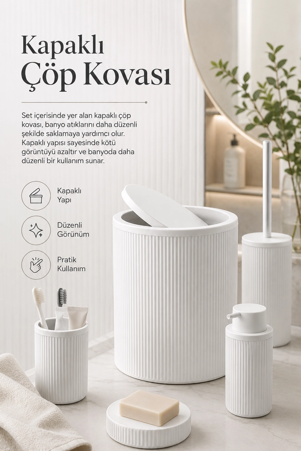 Beyaz Banyo Düzenleyici Set 5 Parça Çöp Kovası Tuvalet Fırçası Sabunluk Fırçalık