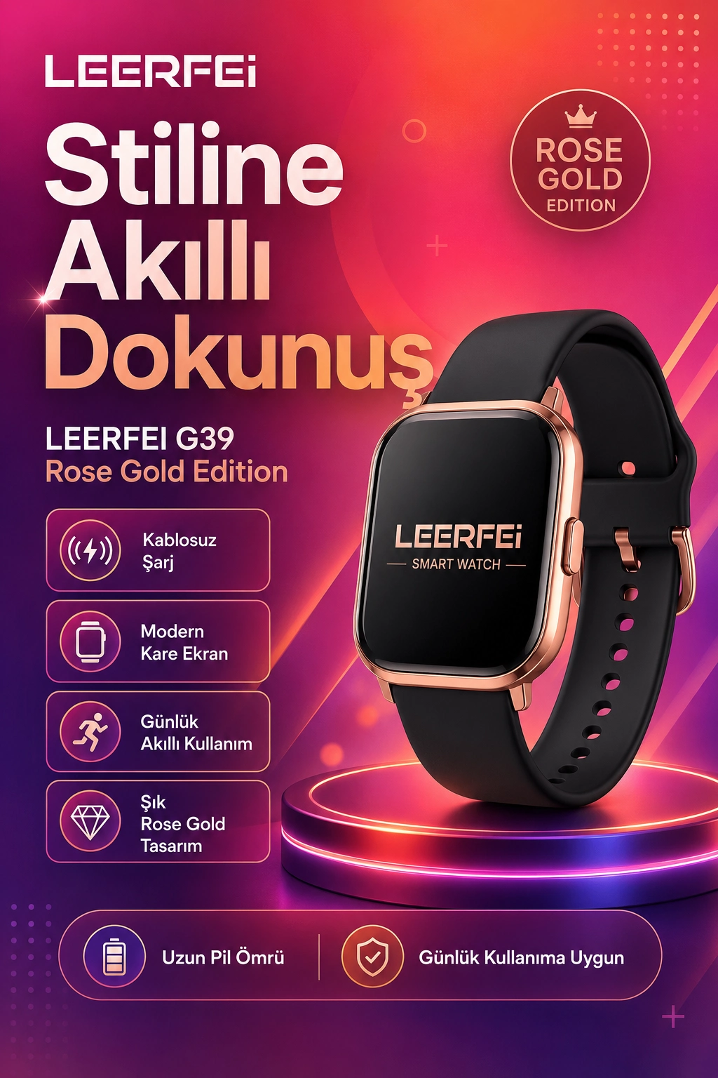 Spor Modlu Kablosuz Şarjlı Akıllı Saat Mesaj Bildirimli Rose Gold Tasarımlı Model