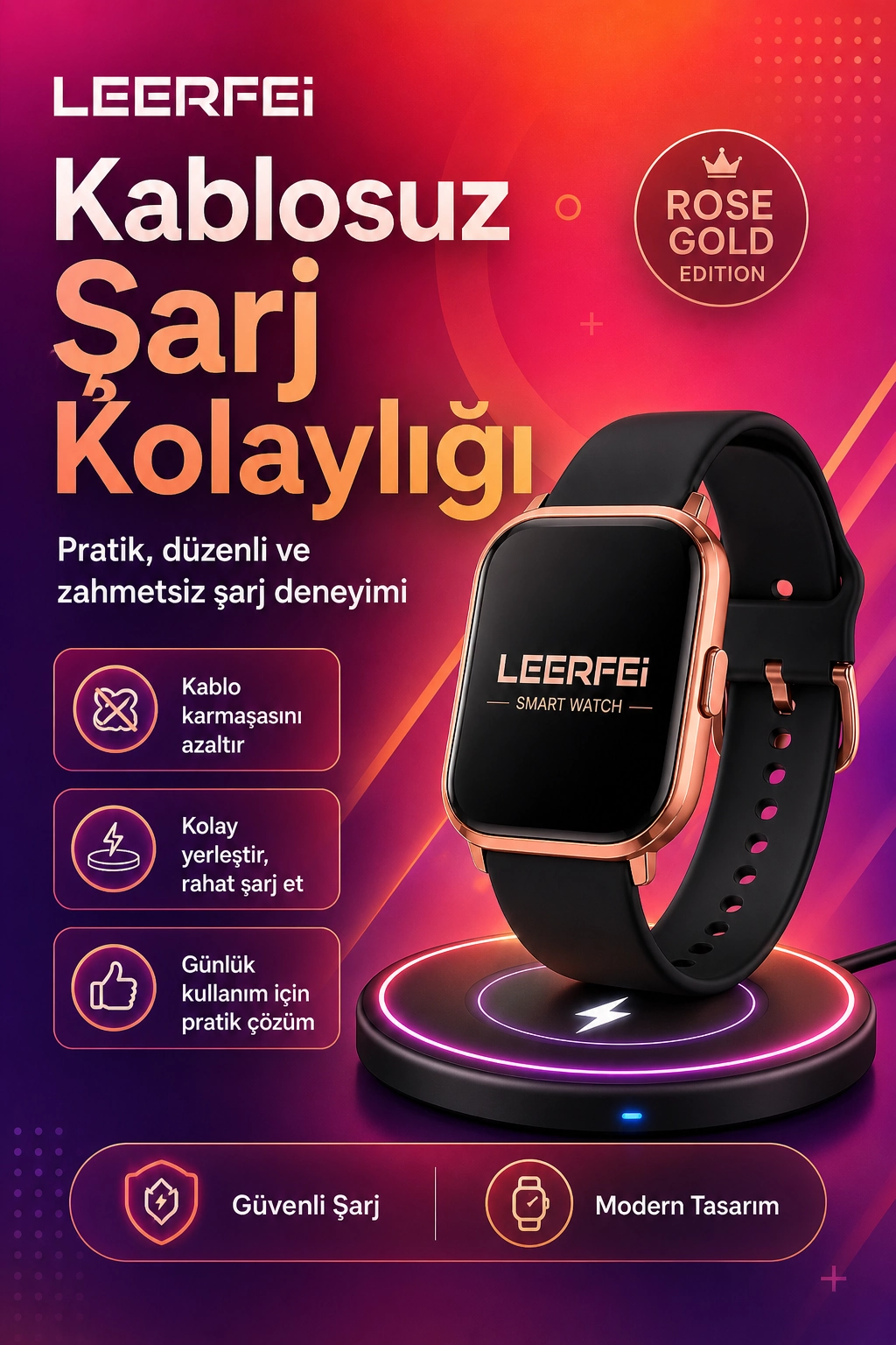 Spor Modlu Kablosuz Şarjlı Akıllı Saat Mesaj Bildirimli Rose Gold Tasarımlı Model