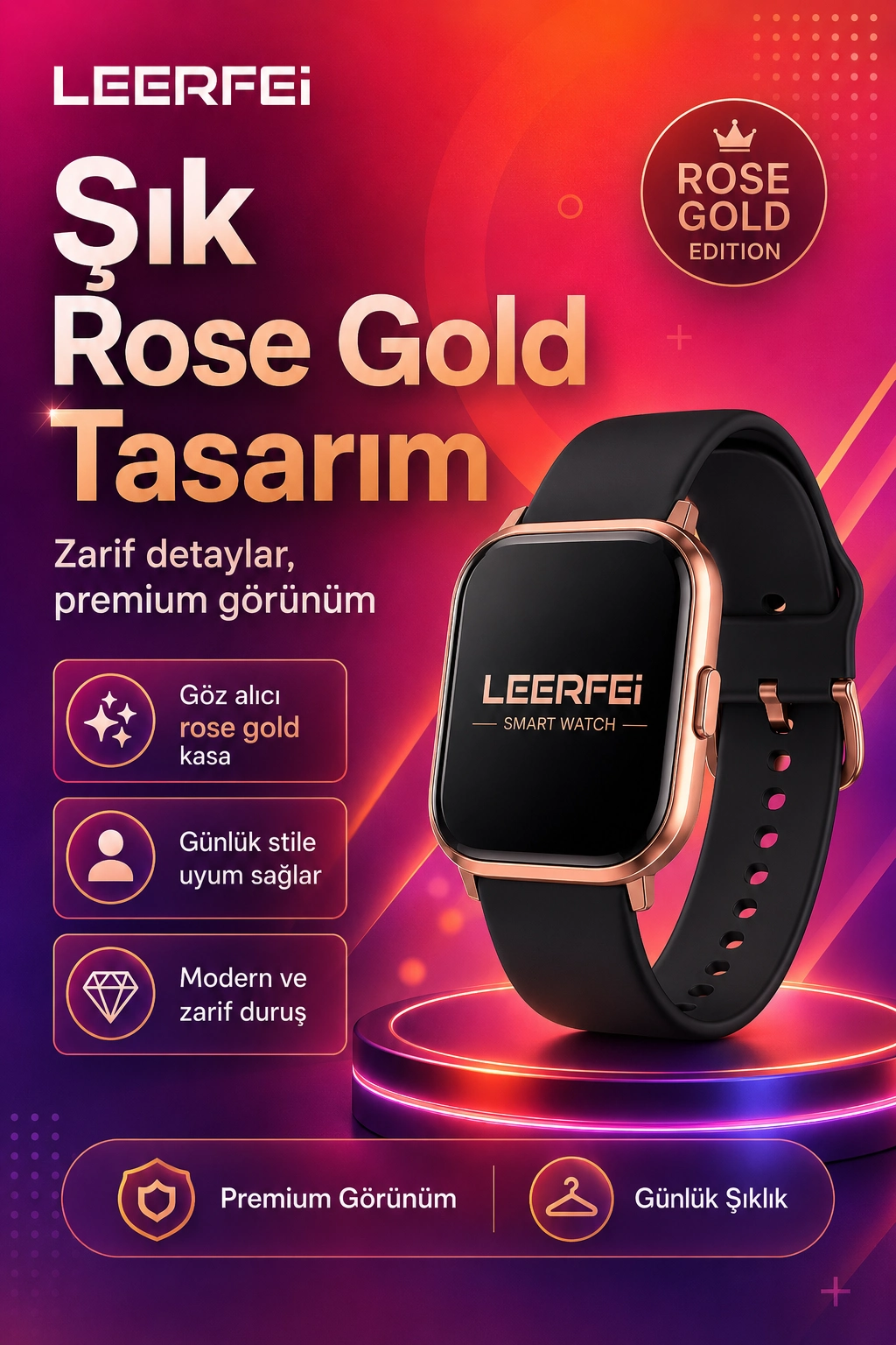 Spor Modlu Kablosuz Şarjlı Akıllı Saat Mesaj Bildirimli Rose Gold Tasarımlı Model