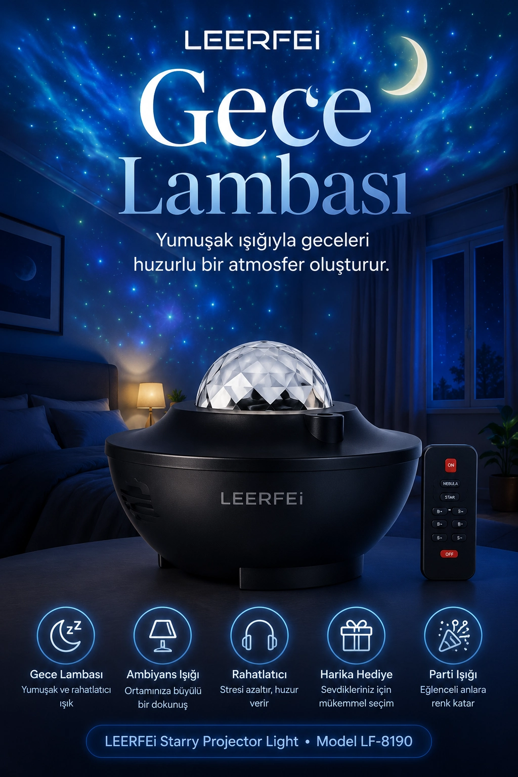 Kumandalı Galaksi Yıldız Projektör Gece Lambası FM Radyolu Parti Işığı Özellikli