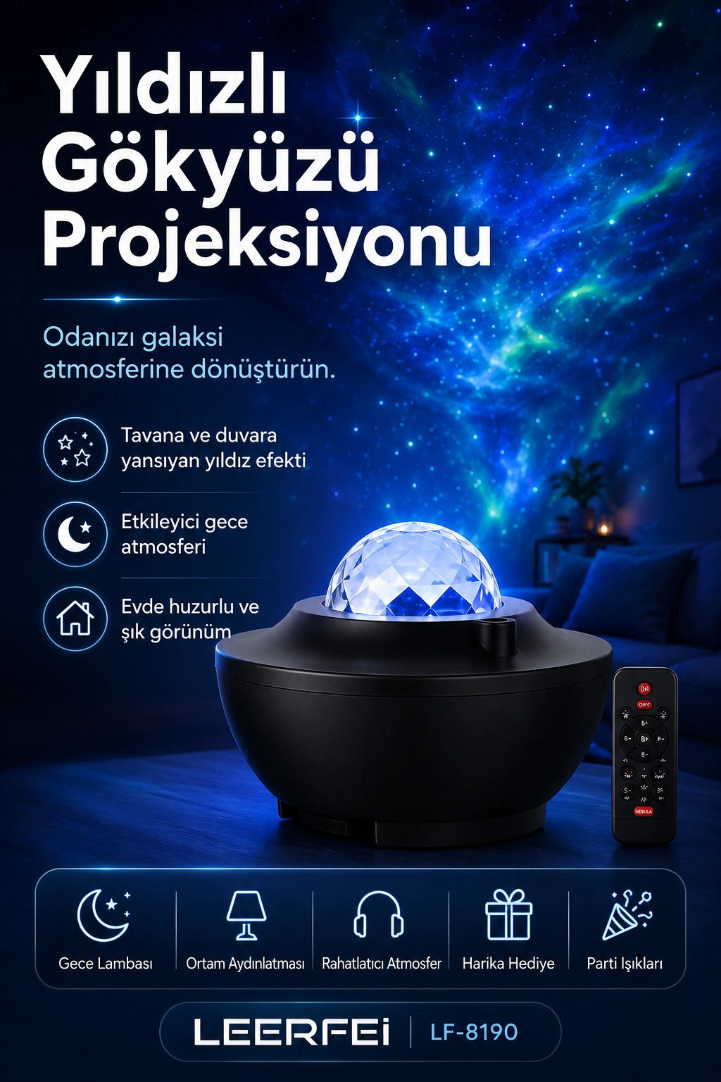 Uzaktan Kumandalı Yıldızlı Gökyüzü Projektörü Gece Lambası Ambiyans Işıklı