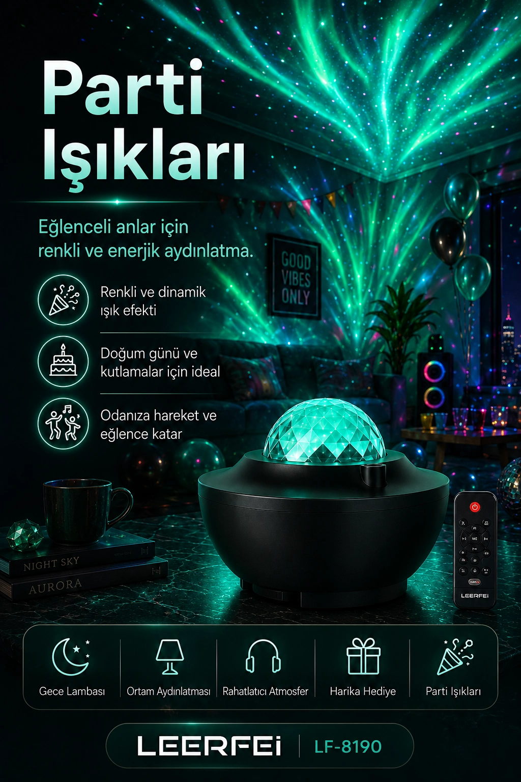 Parti Işığı Özellikli Galaksi Projeksiyon Lambası Kumandalı Gece Aydınlatması