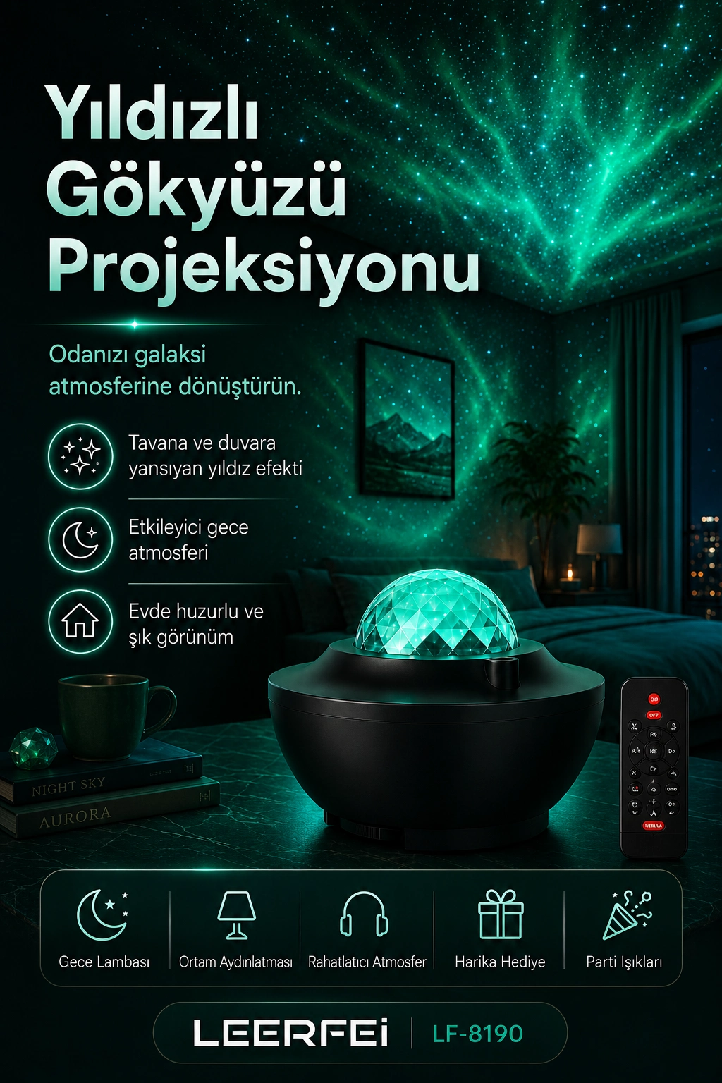 Parti Işığı Özellikli Galaksi Projeksiyon Lambası Kumandalı Gece Aydınlatması