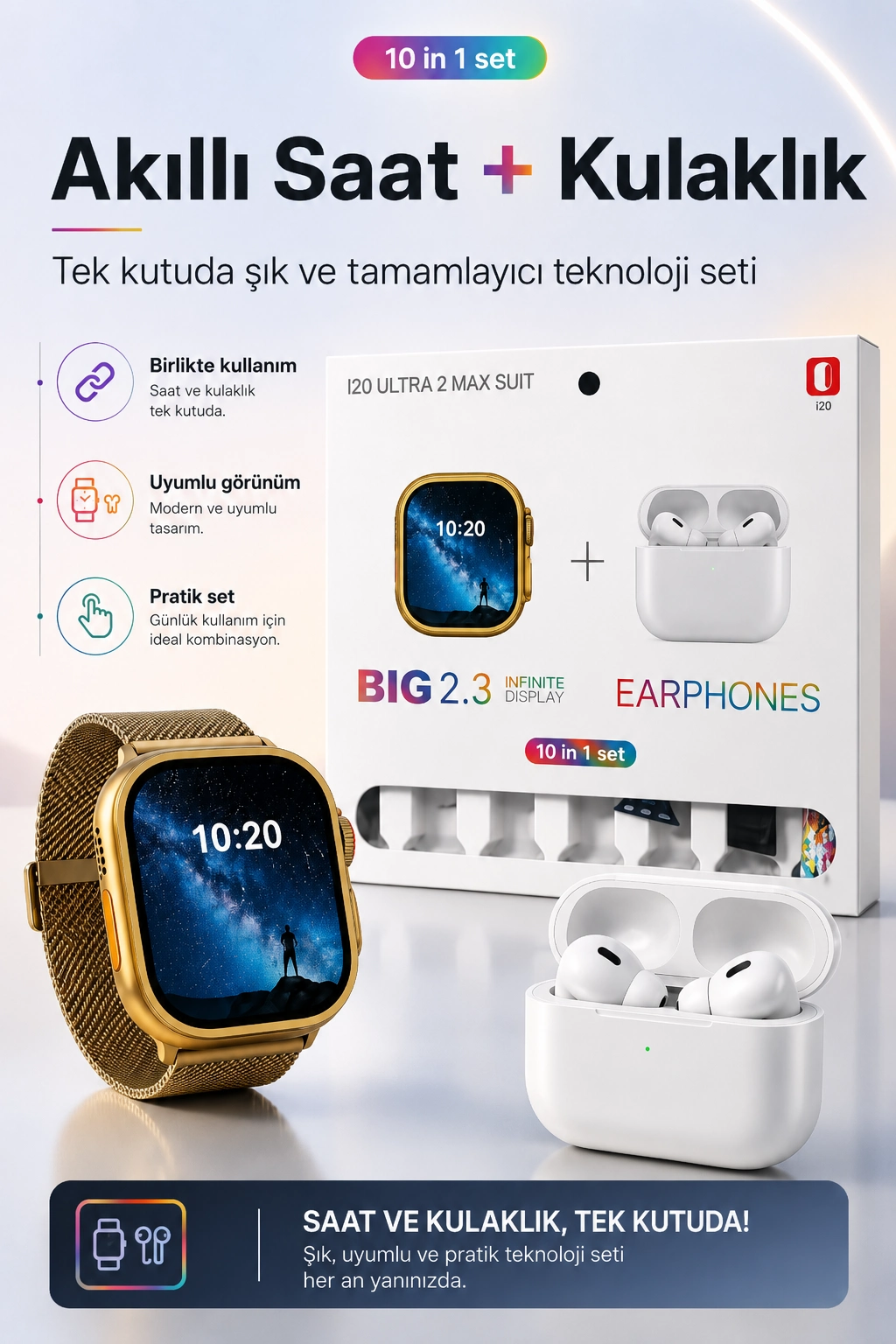 Akıllı Saat Ve Kablosuz Kulaklık Bir Arada Telefon Uyumlu Şık Hediye Seti