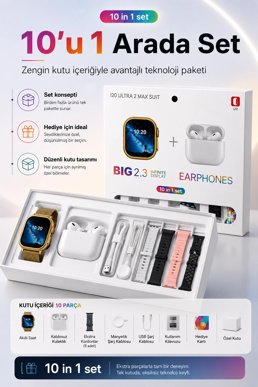 Akıllı Saat Ve Kablosuz Kulaklık Bir Arada Telefon Uyumlu Şık Hediye Seti