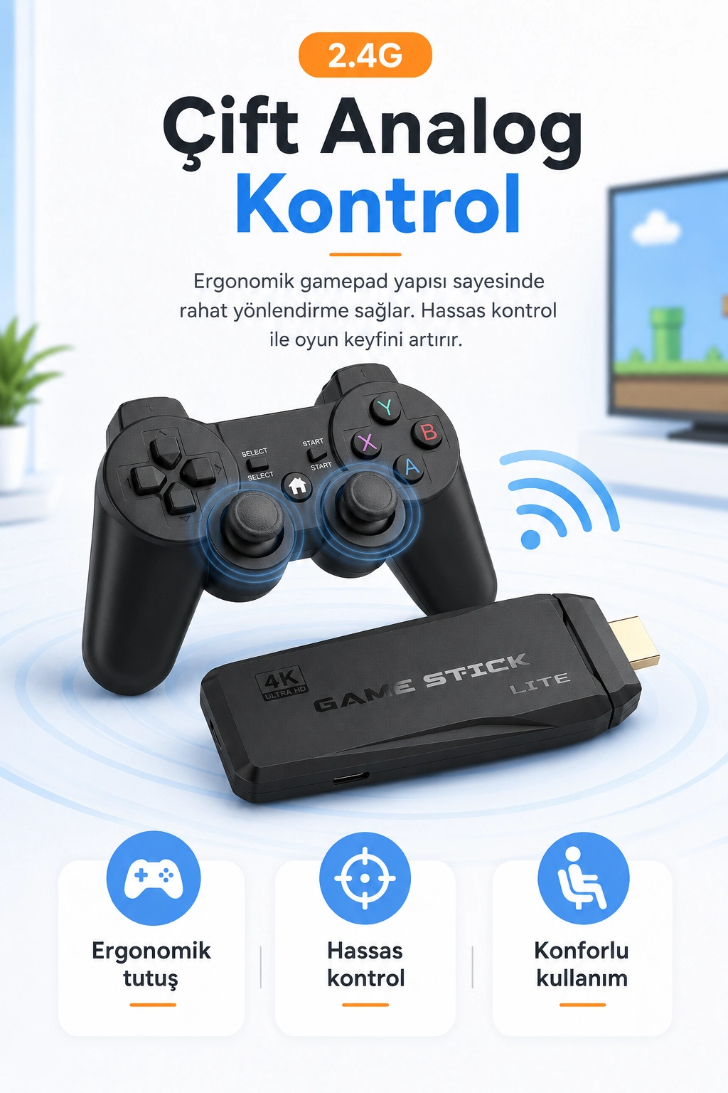 HDMI Girişli Kablosuz Retro Oyun Konsolu 2.4G Bağlantılı Çift Kollu Eğlence Seti — görsel 5
