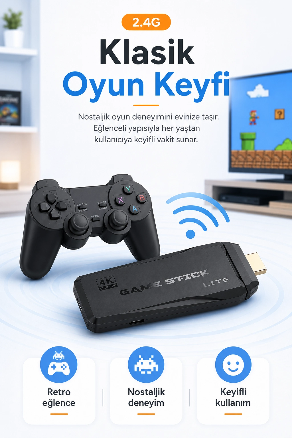 HDMI Girişli Kablosuz Retro Oyun Konsolu 2.4G Bağlantılı Çift Kollu Eğlence Seti — görsel 4