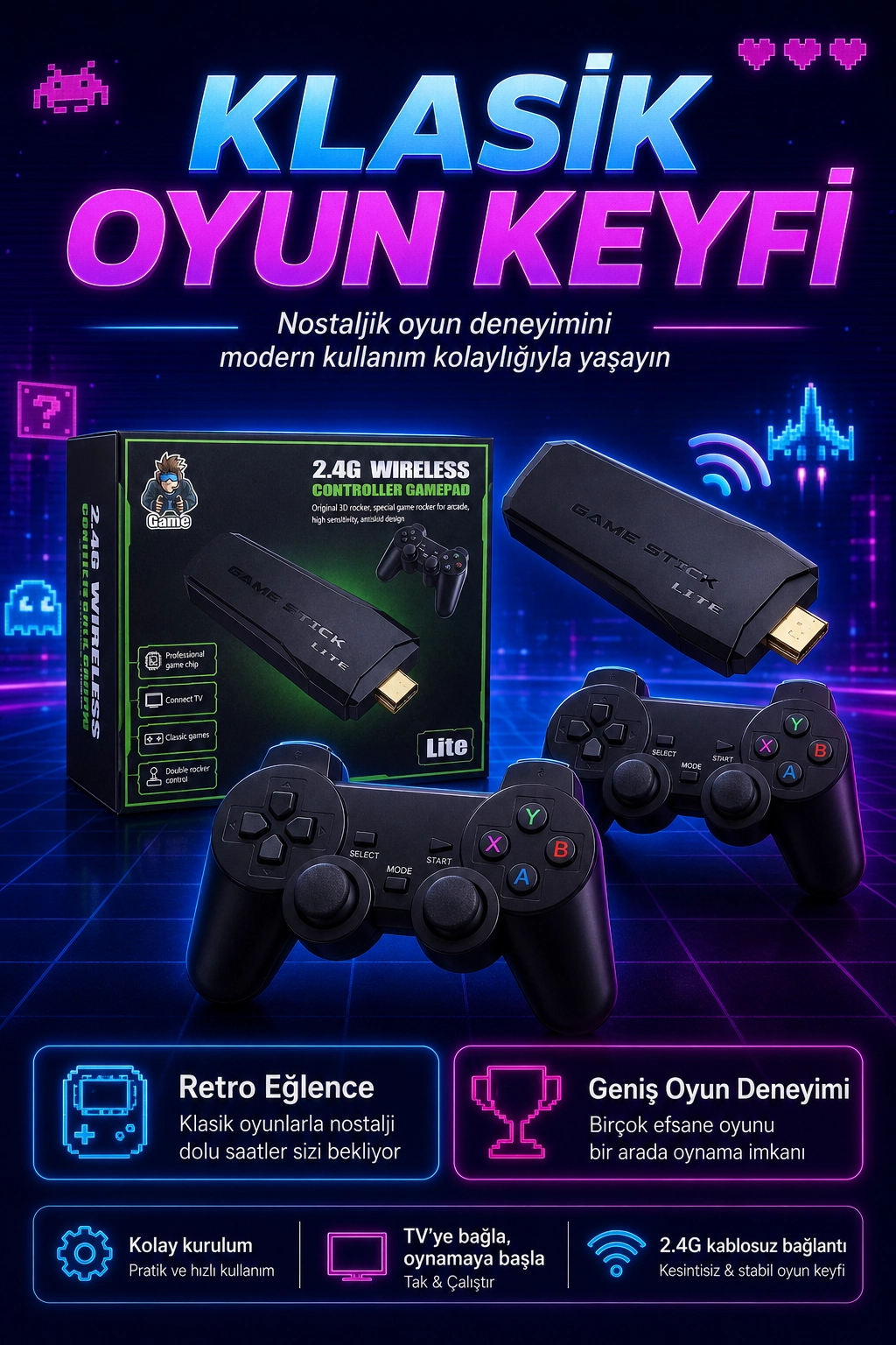 2.4G Kablosuz Gamepadli Mini Oyun Konsolu HDMI Destekli Retro Oyun Cihazı Seti — görsel 4