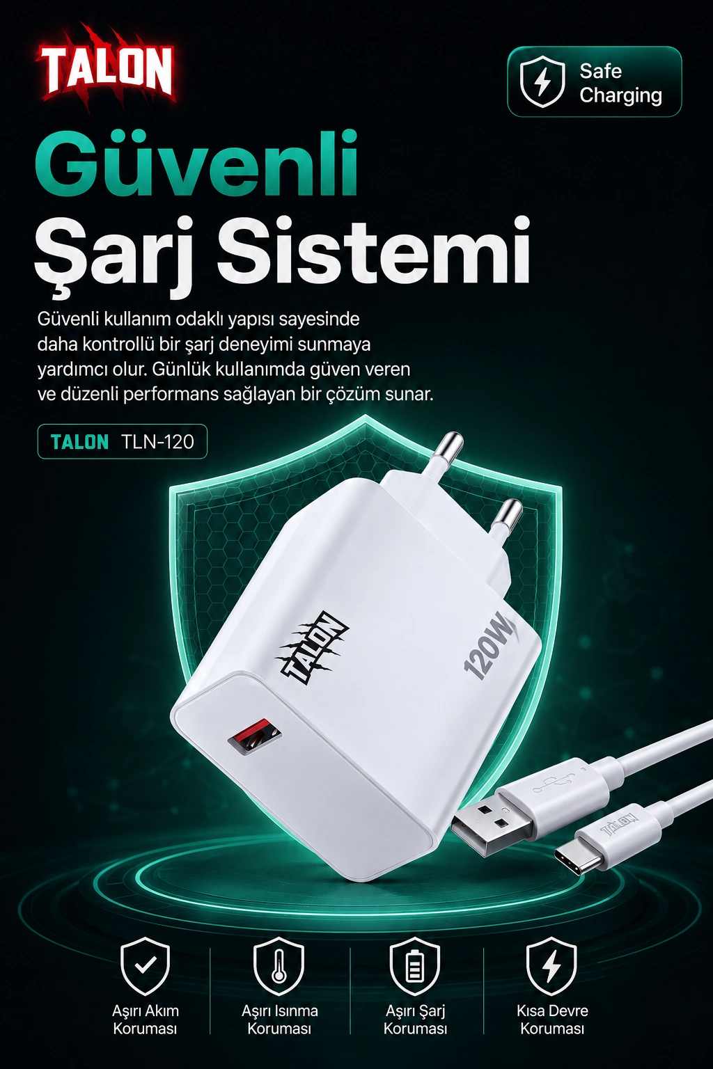 120W Hızlı Şarj Adaptörü Ve Kablo Seti Akıllı Çipli Güvenli Şarj Özellikli