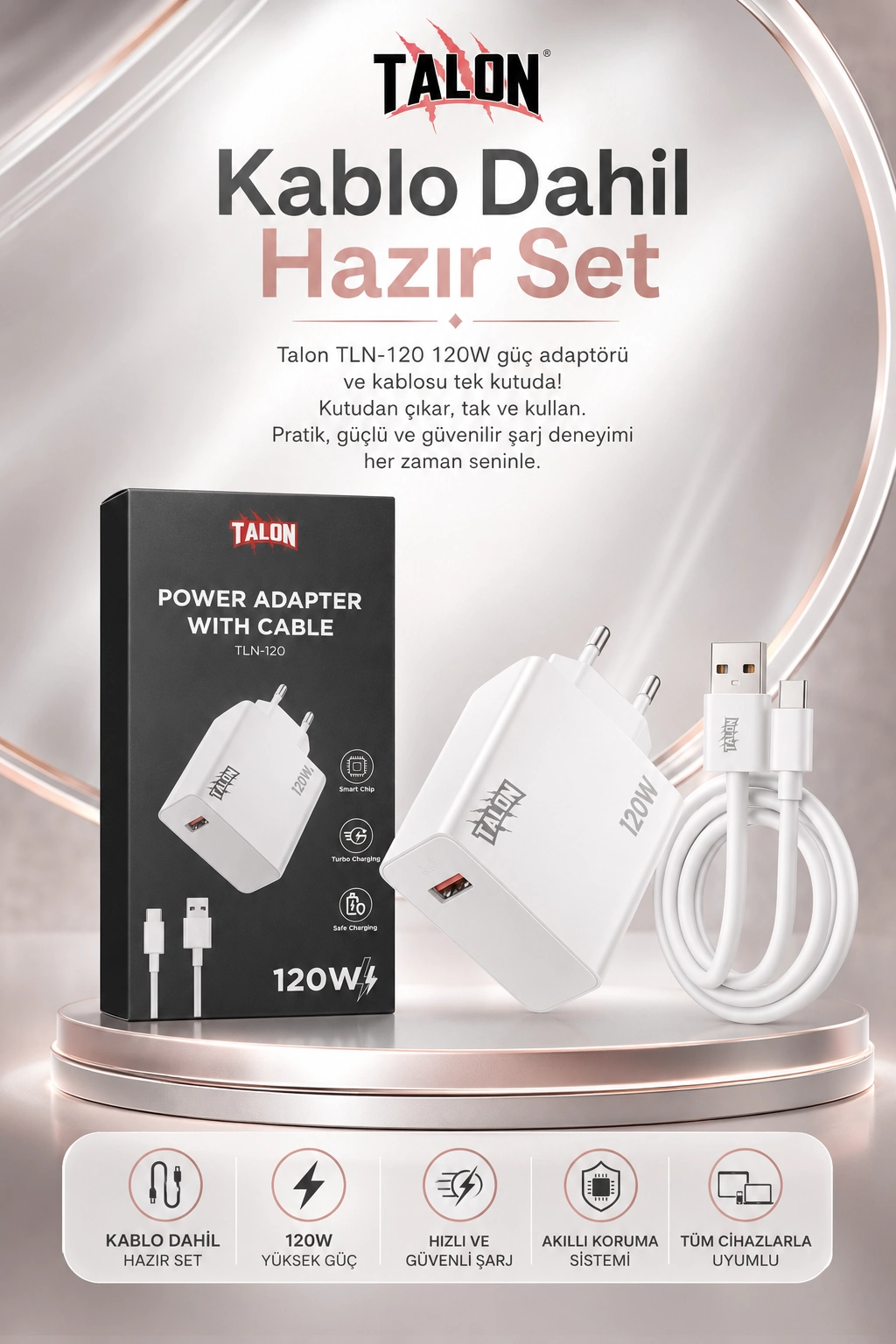 Turbo Şarj Destekli 120W Adaptör Ve Kablo Seti Telefon Uyumlu Pratik Kullanım