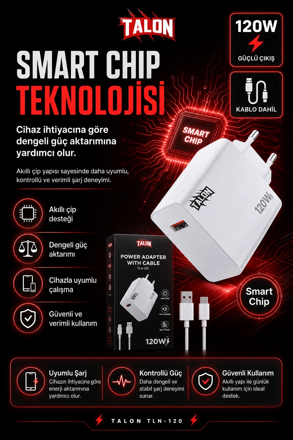 USB Kablolu 120W Güç Adaptörü Hızlı Şarj Destekli Mobil Cihaz Uyumlu Set