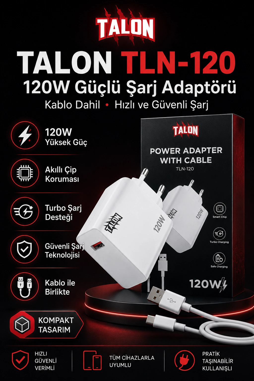 USB Kablolu 120W Güç Adaptörü Hızlı Şarj Destekli Mobil Cihaz Uyumlu Set