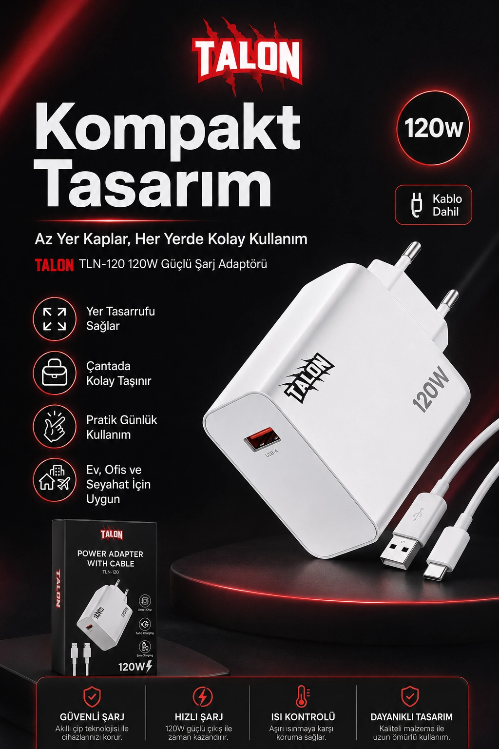 USB Kablolu 120W Güç Adaptörü Hızlı Şarj Destekli Mobil Cihaz Uyumlu Set