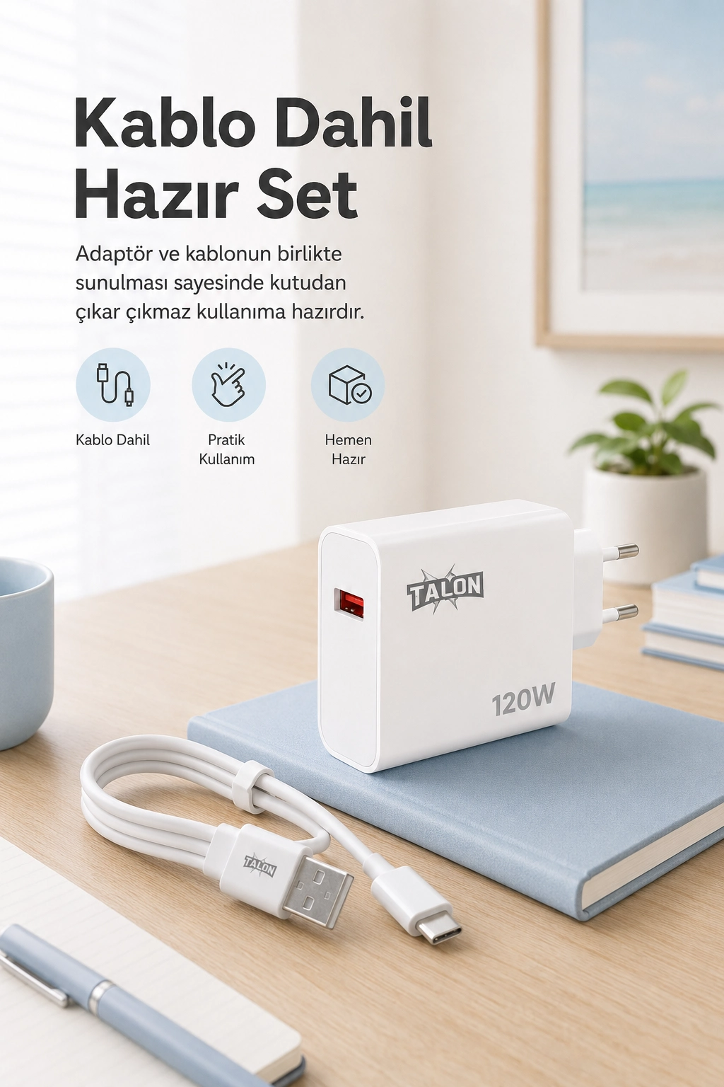 Güvenli Şarj Özellikli 120W Adaptör Ve Kablo Seti Akıllı Koruma Destekli