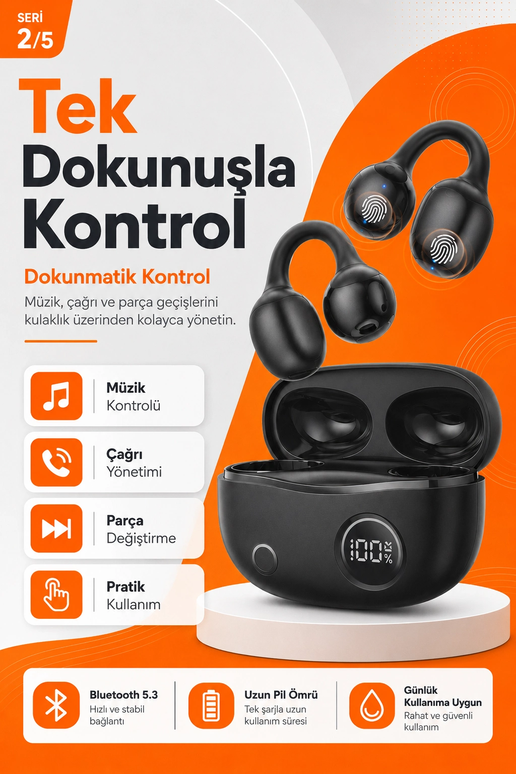Açık Kulak Tasarımlı Kablosuz Kulaklık Spor Ve Günlük Kullanım İçin Şarjlı Set
