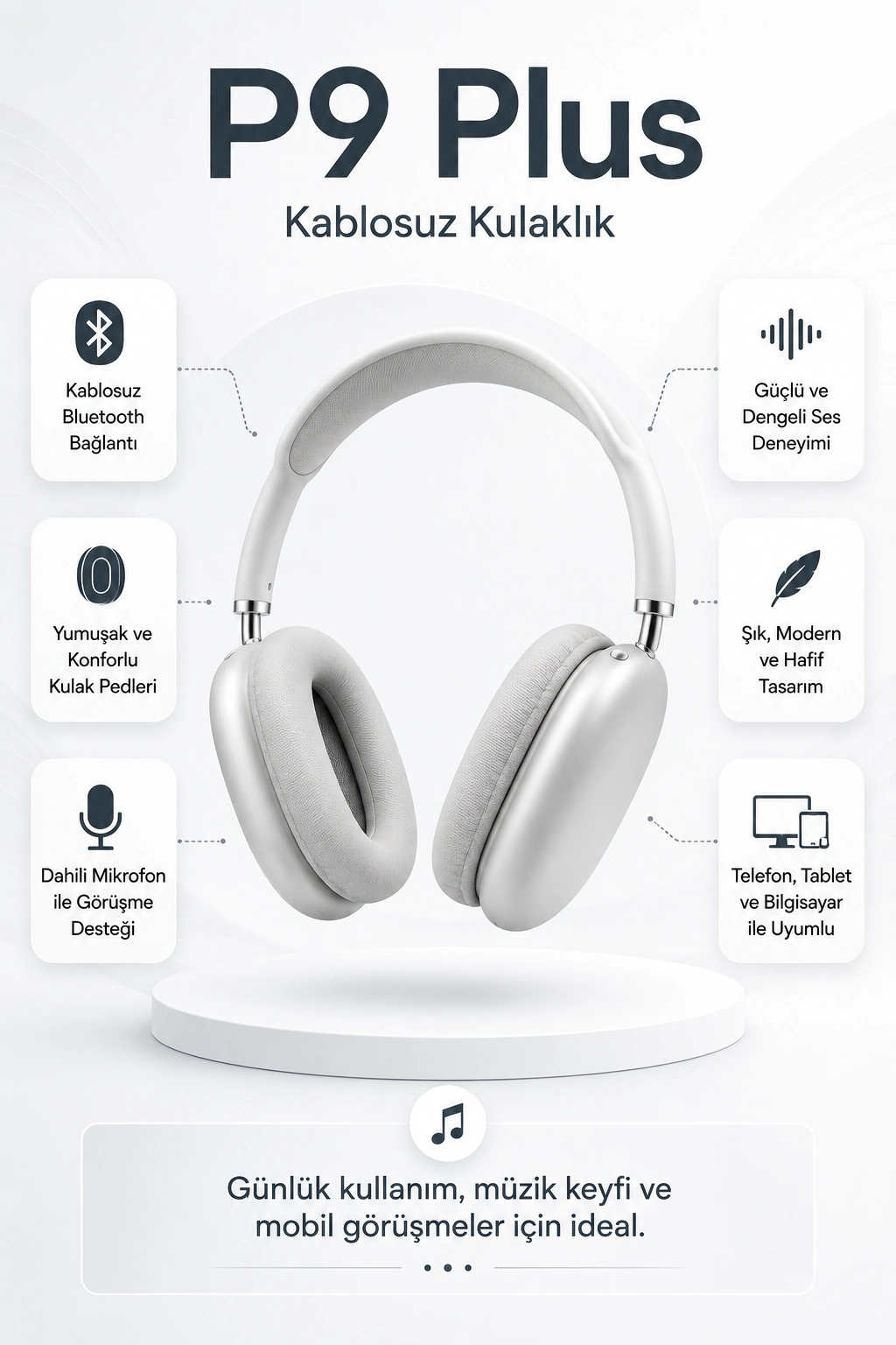 Kablosuz Kulak Üstü Bluetooth Kulaklık Katlanabilir Tasarım Uzun Süreli Kullanım