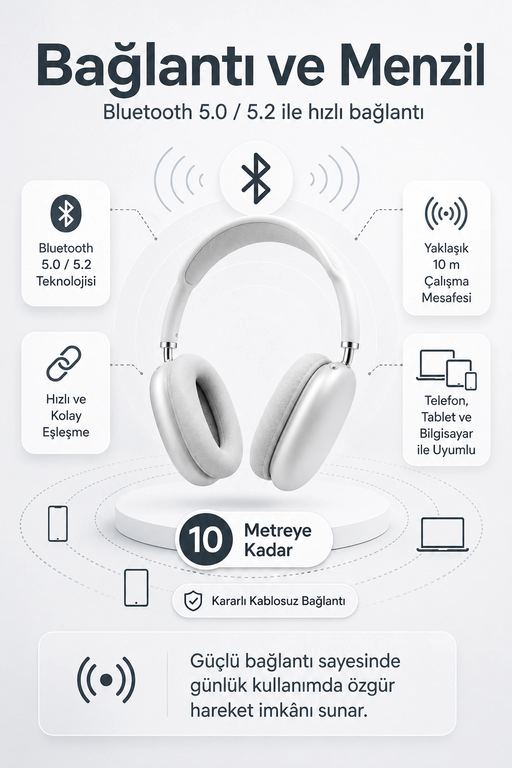 Kablosuz Kulak Üstü Bluetooth Kulaklık Katlanabilir Tasarım Uzun Süreli Kullanım