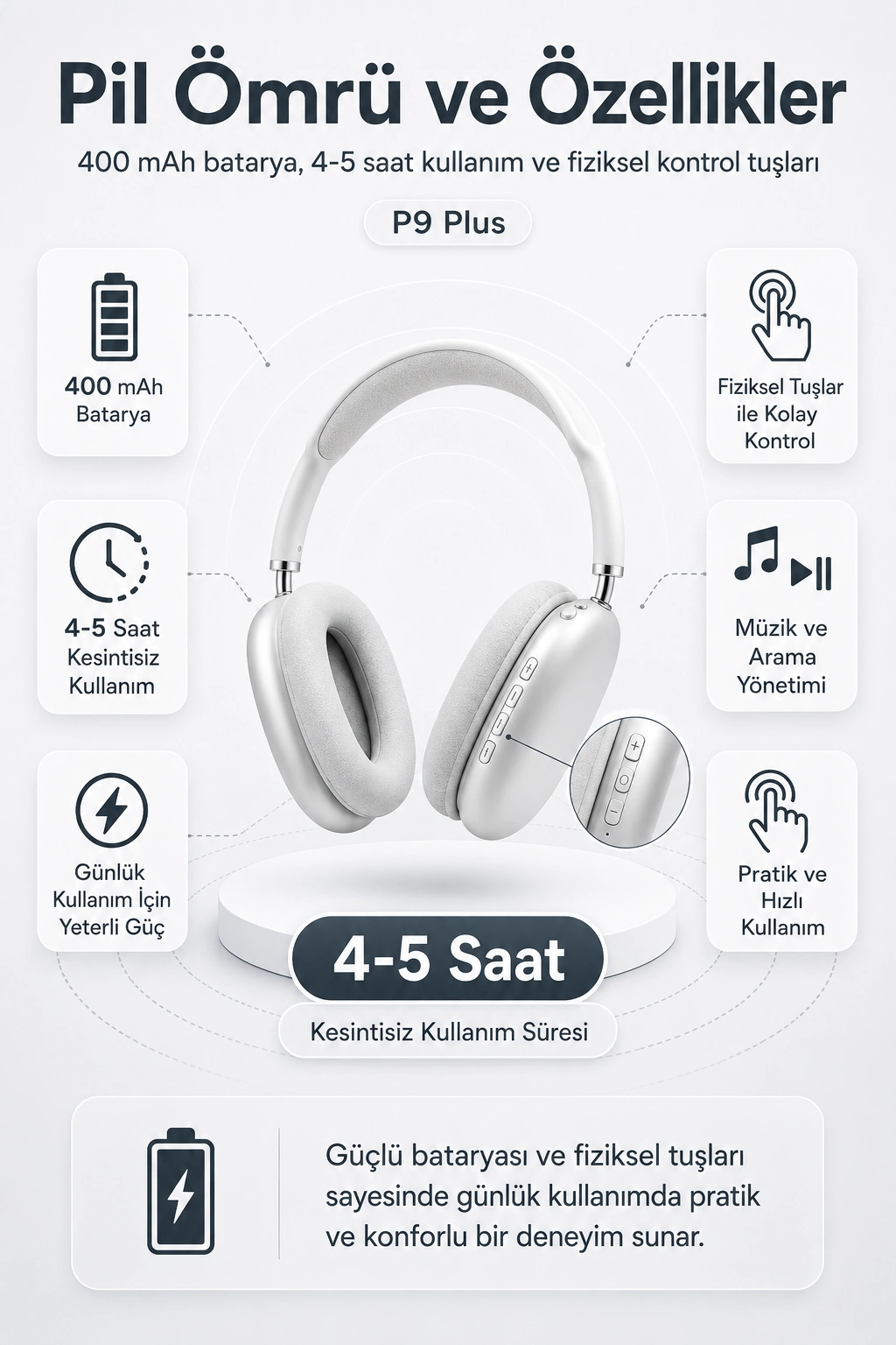 Kablosuz Kulak Üstü Bluetooth Kulaklık Katlanabilir Tasarım Uzun Süreli Kullanım