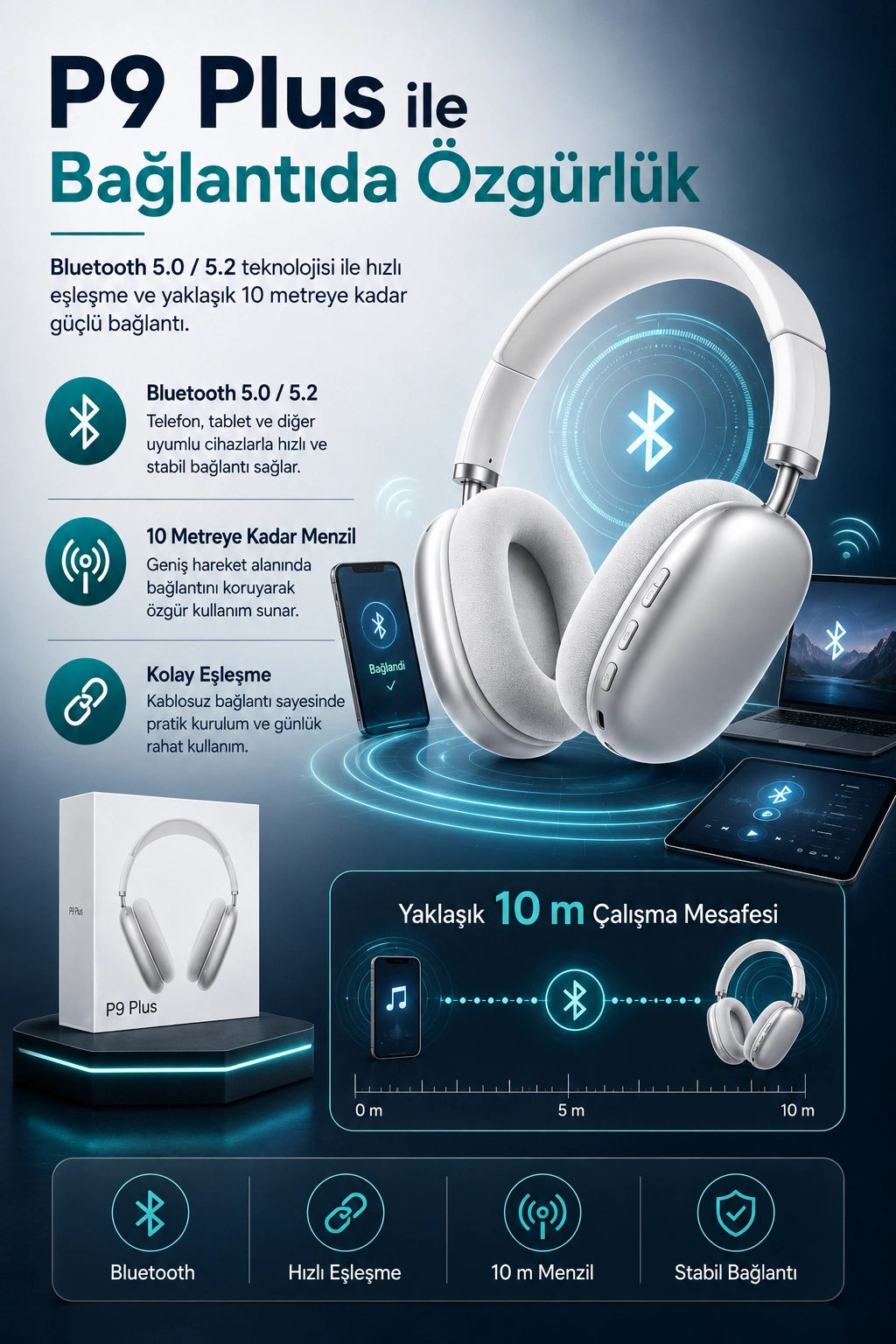 Katlanabilir Kablosuz Kulaklık Kulak Üstü Rahat Pedli Taşınabilir Stereo Model