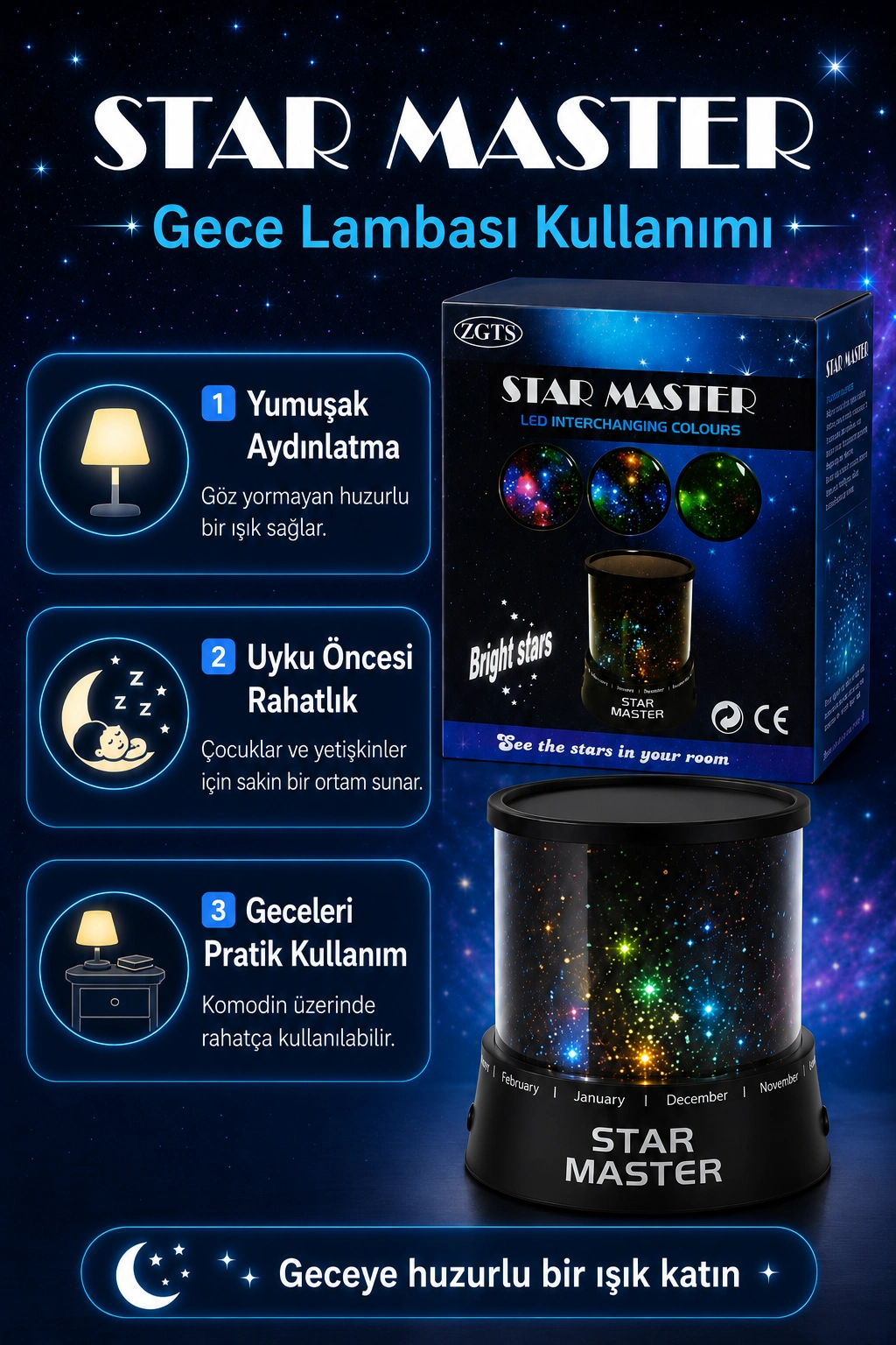 Renk Değiştiren LED Yıldız Projektör Gece Lambası Oda Tavanı İçin Dekoratif Işık