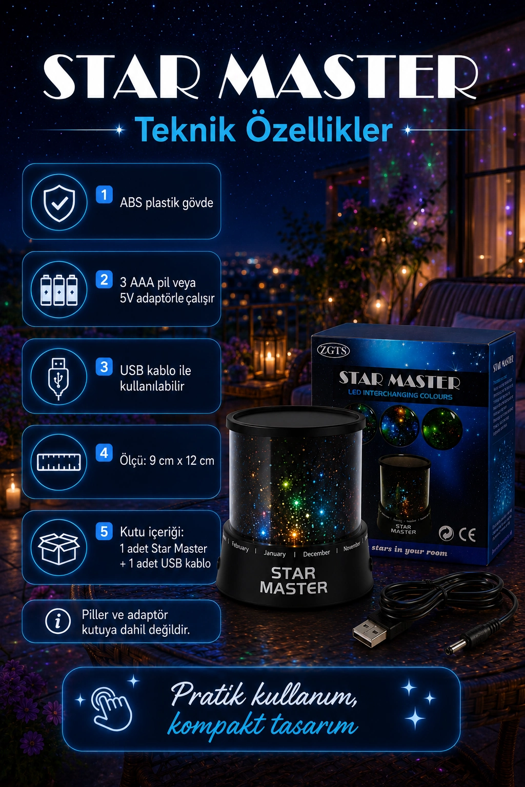 Tavan Ve Duvar Yansıtmalı Renk Değiştiren Yıldız Projektör Gece Lambası