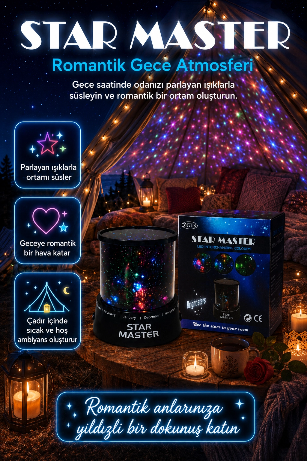 Dekoratif LED Yıldız Gece Lambası Renkli Işık Efektli Oda Atmosfer Projektörü