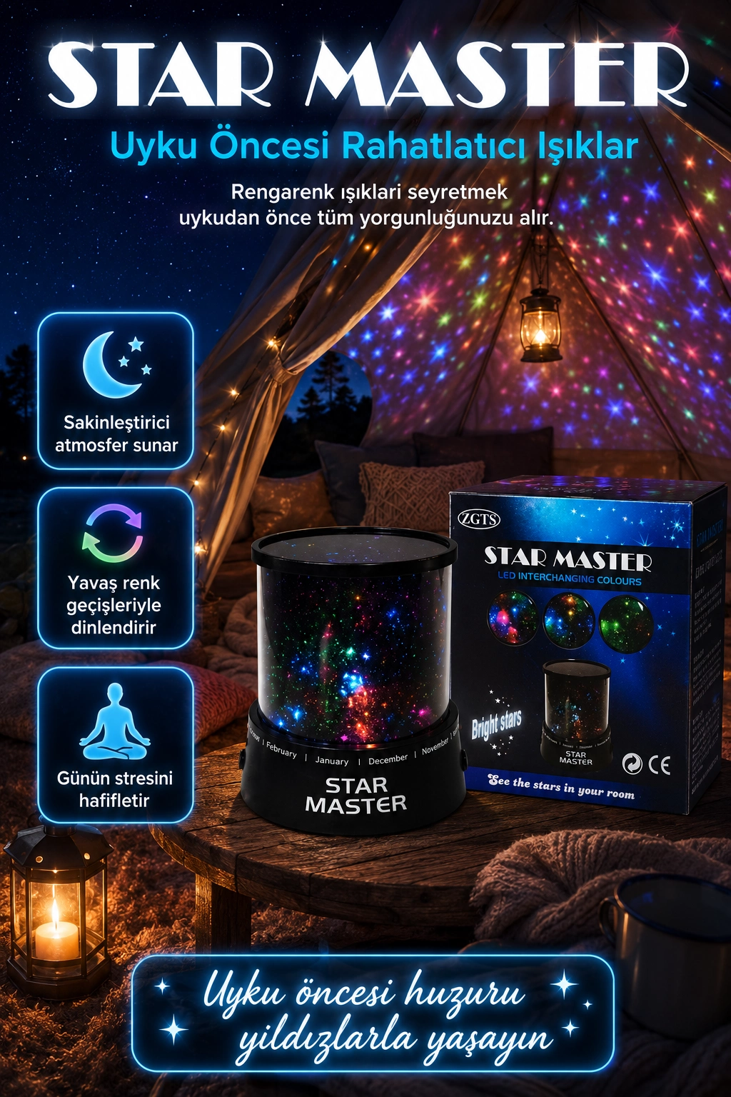 Dekoratif LED Yıldız Gece Lambası Renkli Işık Efektli Oda Atmosfer Projektörü
