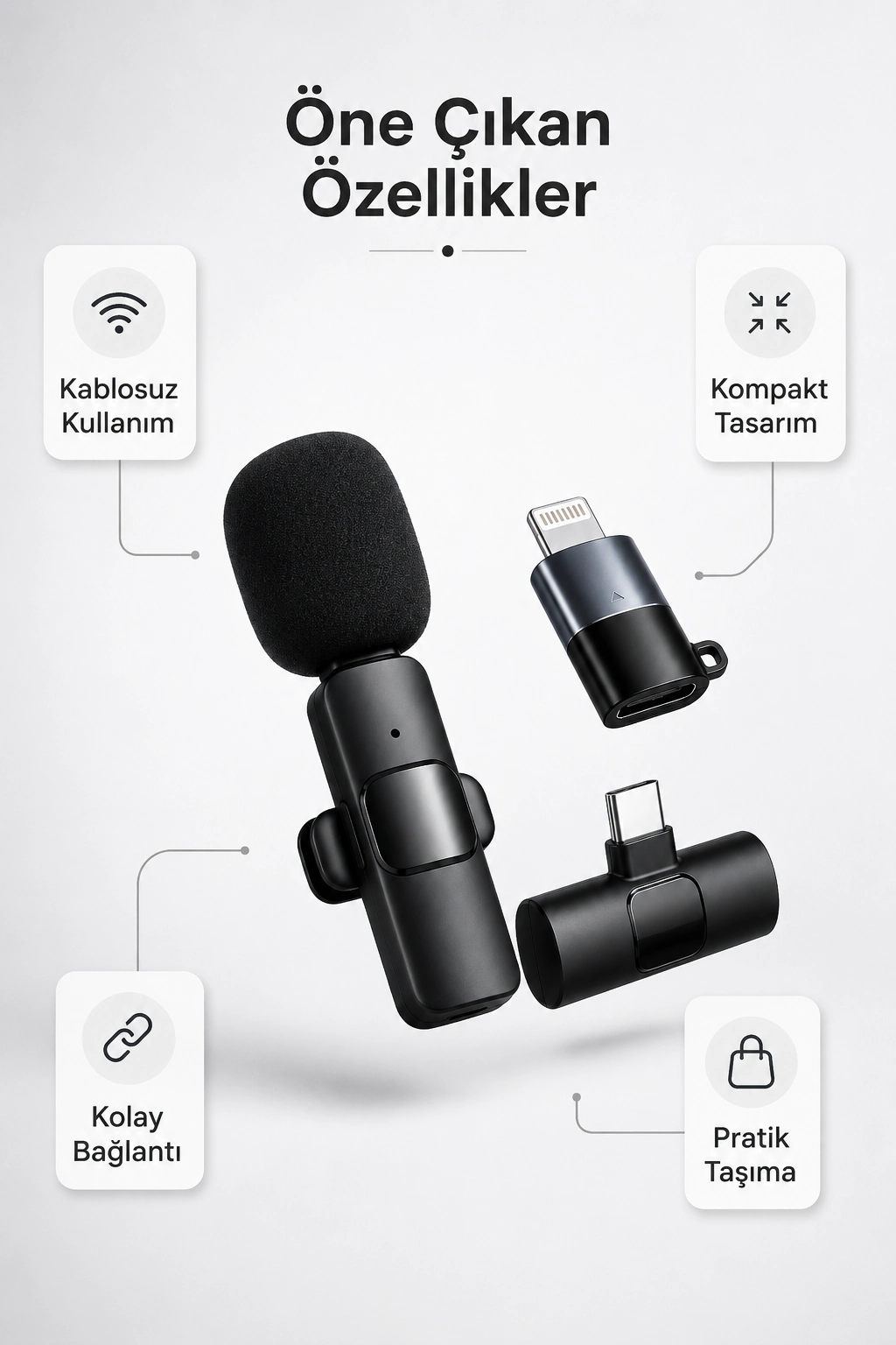 Kablosuz Yaka Mikrofonu Type-C ve Lightning Uyumlu Şarjlı Klipsli Ses Kayıt Mikrofonu