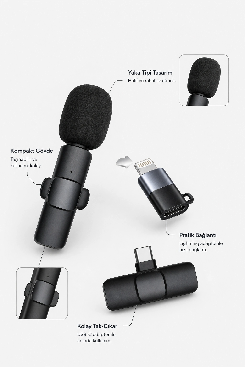Kablosuz Yaka Mikrofonu USB-C ve Lightning Adaptörlü Telefon Uyumlu Kompakt Ses Kiti