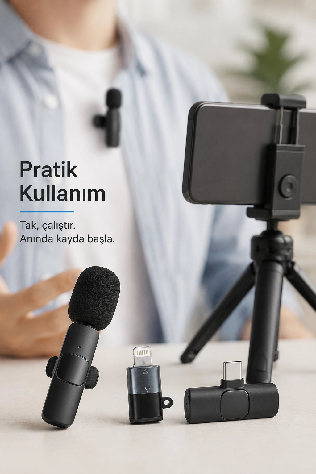 Kablosuz Yaka Mikrofonu USB-C ve Lightning Adaptörlü Telefon Uyumlu Kompakt Ses Kiti