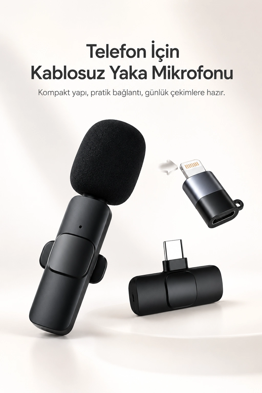 Kablosuz Yaka Mikrofonu USB-C ve Lightning Uyumlu Tak Çalıştır Telefon Kayıt Mikrofonu