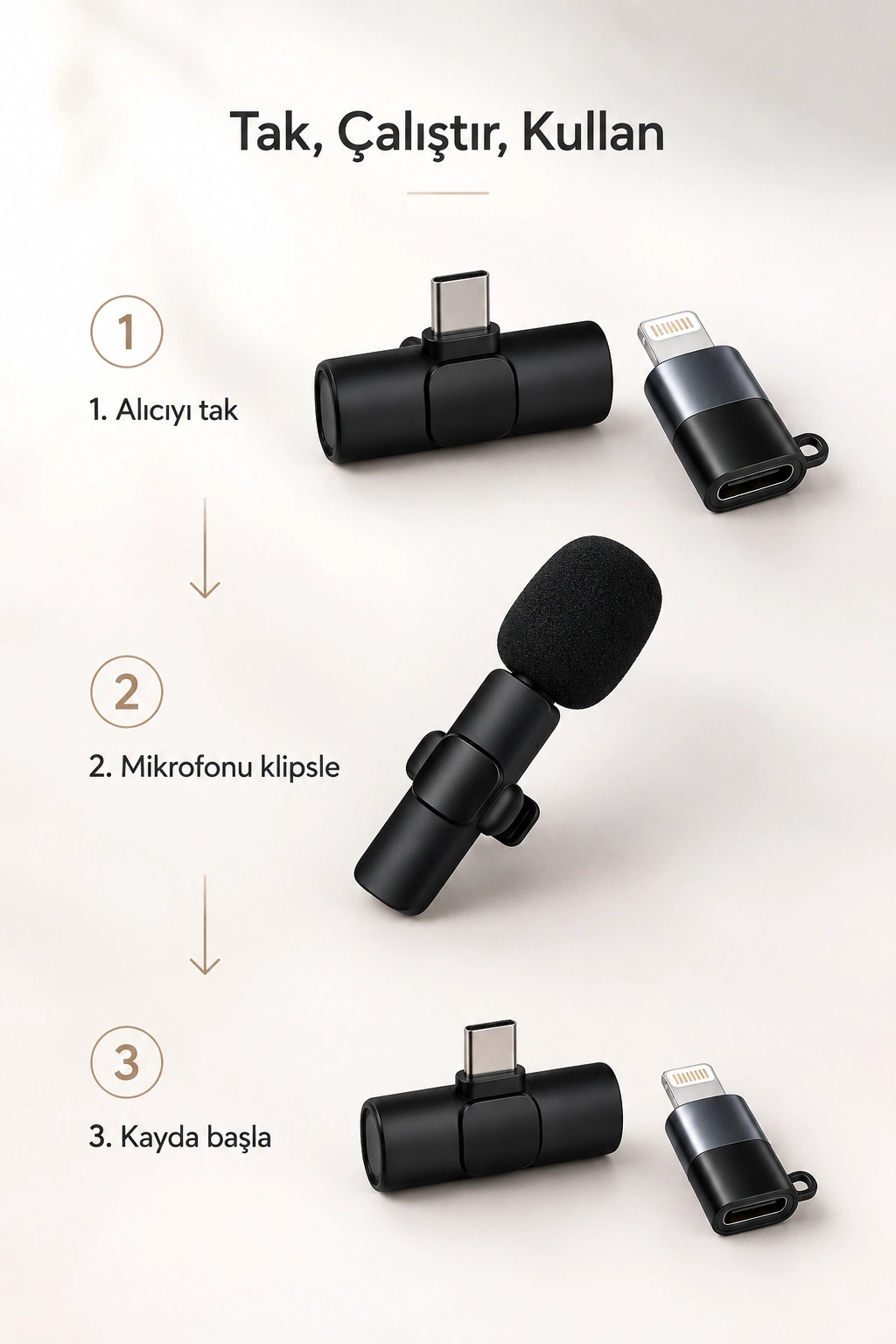 Kablosuz Yaka Mikrofonu USB-C ve Lightning Uyumlu Tak Çalıştır Telefon Kayıt Mikrofonu