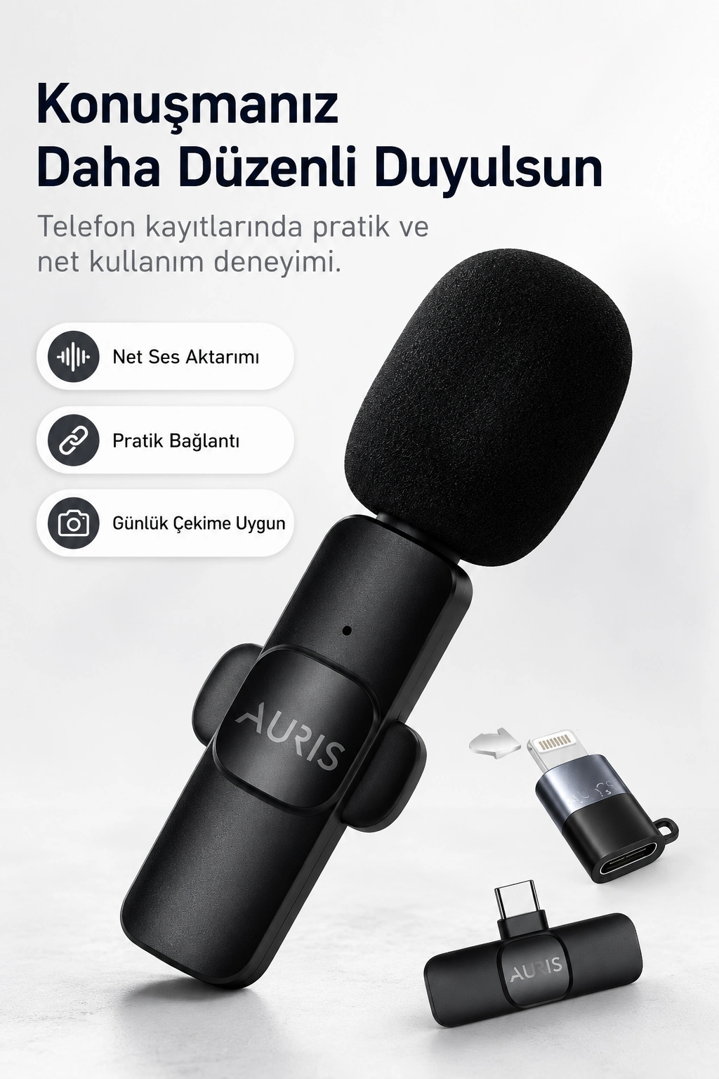 Kablosuz Yaka Mikrofonu Telefon İçin USB-C Lightning Adaptörlü Kompakt Kayıt Cihazı