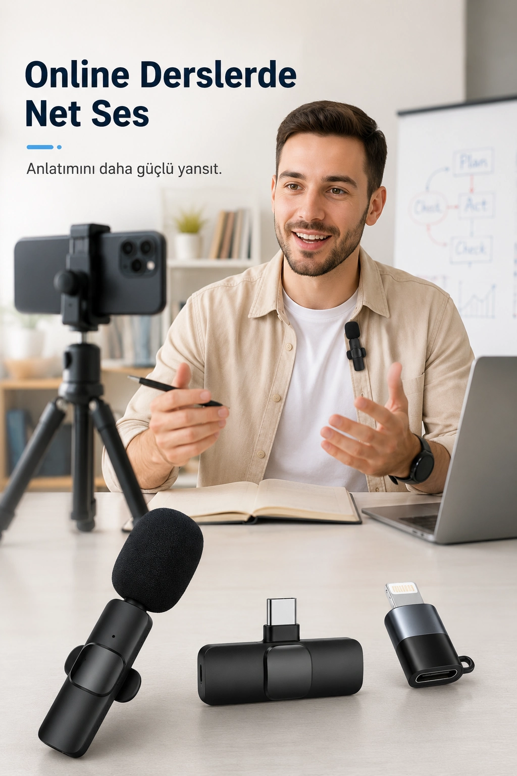 Kablosuz Yaka Mikrofonu USB-C Lightning Uyumlu Tak Çalıştır Telefon Video Ses Kayıt Seti