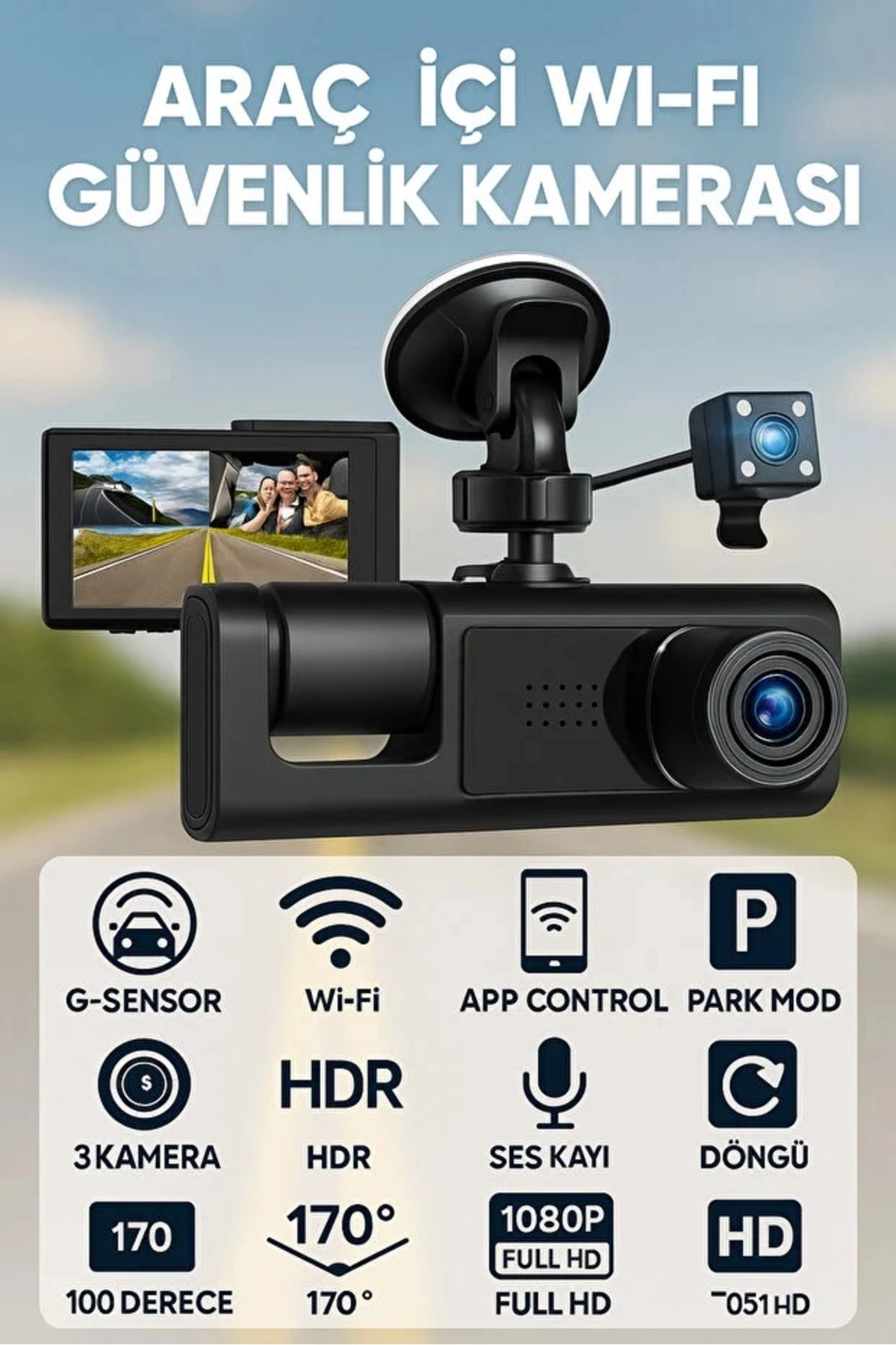 Full HD 3 Kameralı Araç Kamerası Ön İç Arka Kayıt ve Gece Görüşlü G Sensörlü Geniş Açılı