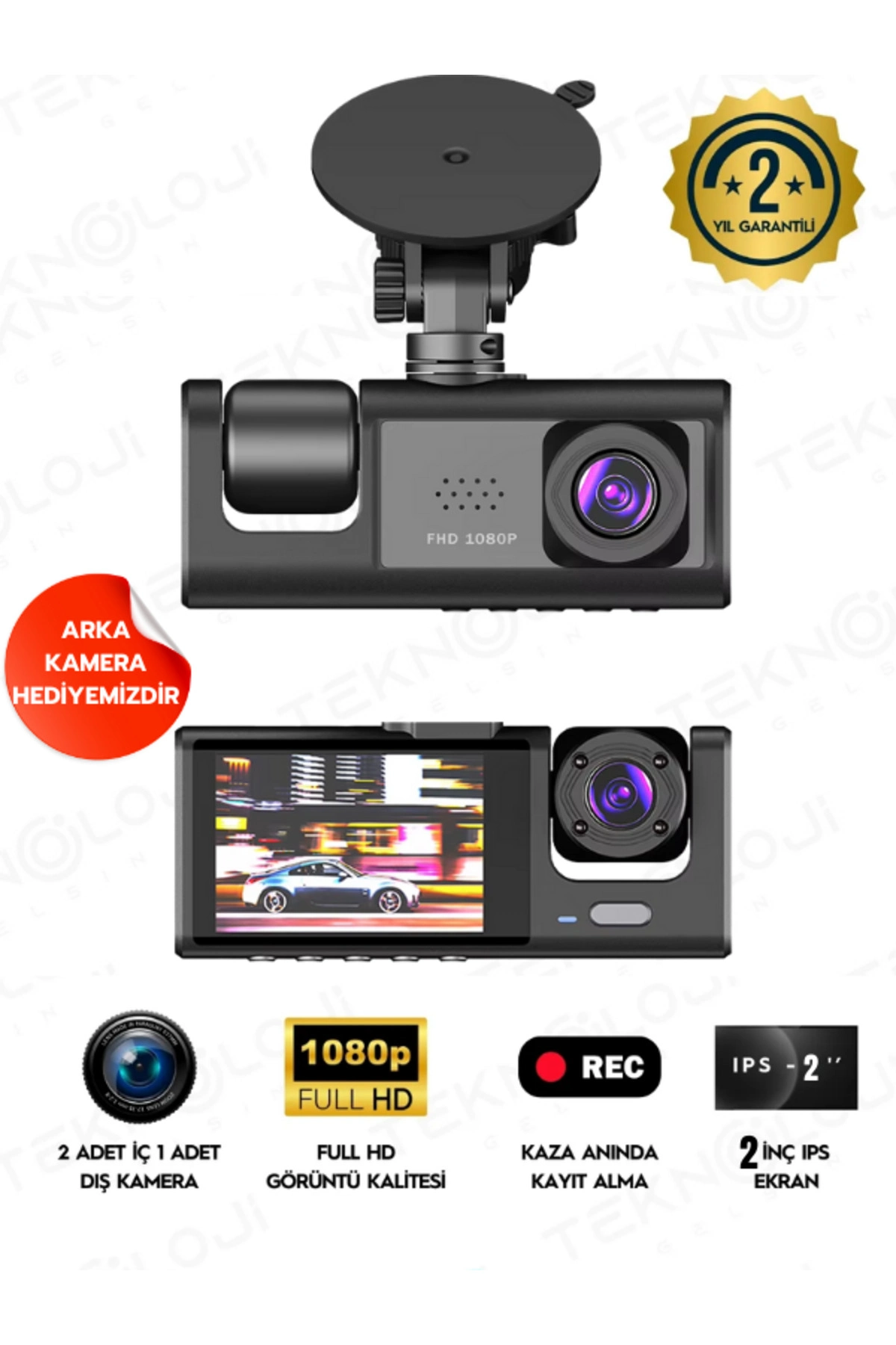 Full HD 1080p 3 Kameralı Dash Cam Ön Arka İç Kayıt Özellikli Gece Görüşlü G Sensörlü