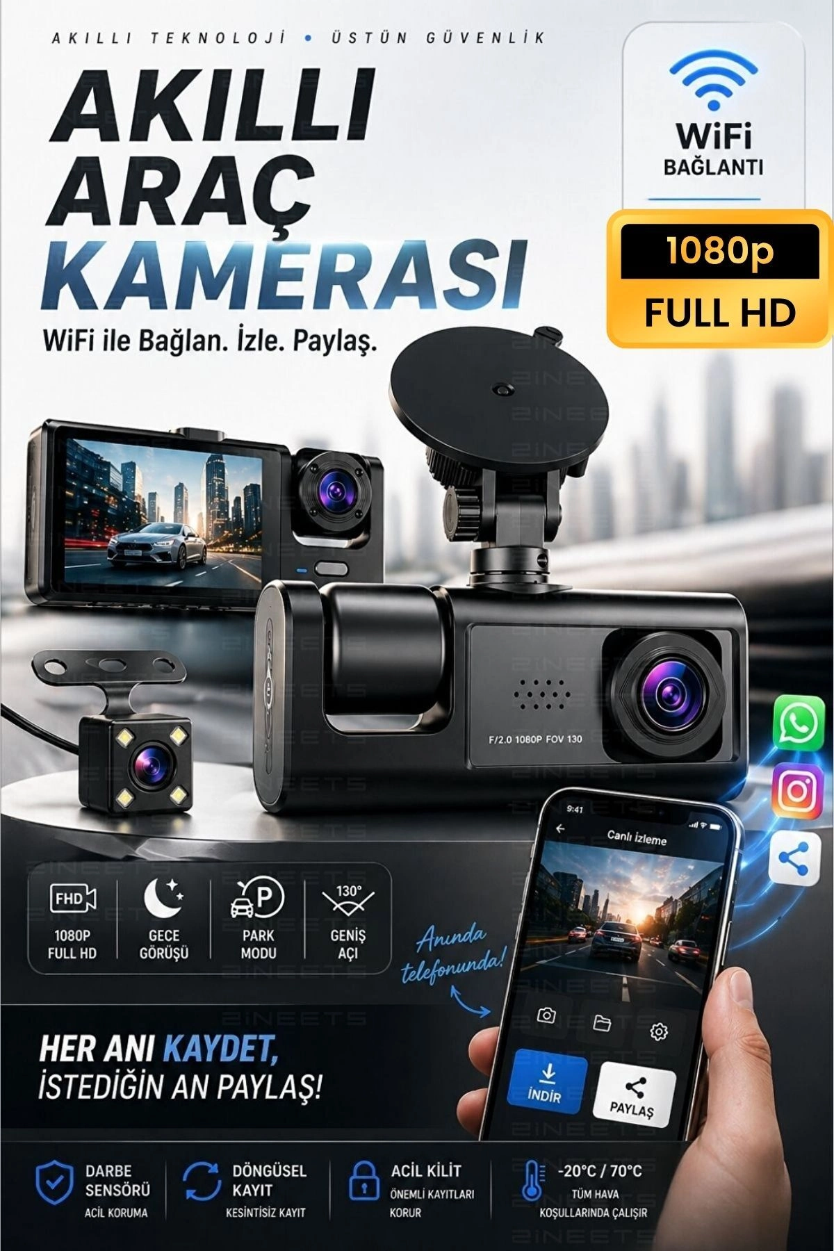 WiFi 1080p 3 Kameralı Araç İçi Kamera LCD Ekranlı Gece Görüşlü G Sensörlü Geniş Açılı