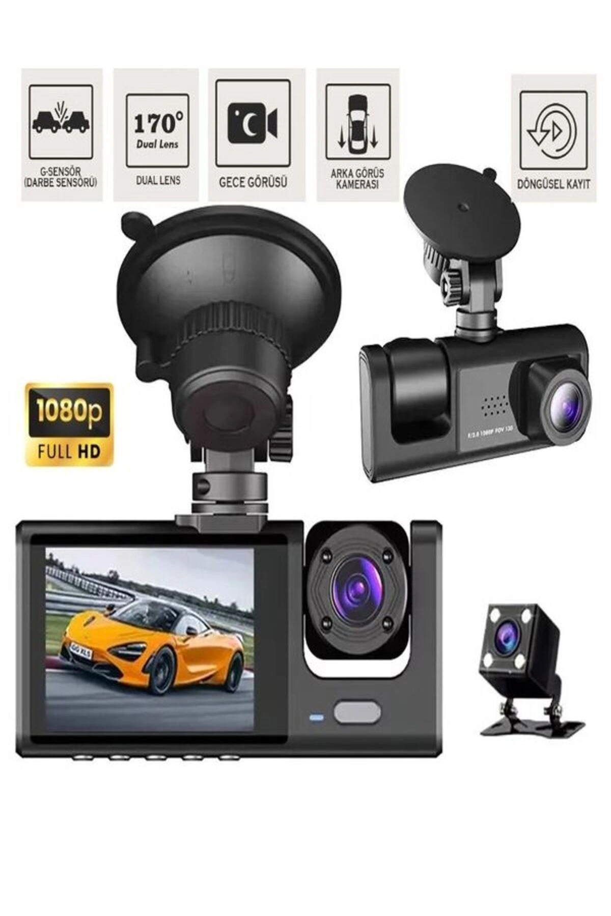 1080p 3 Kameralı Araç İçi Kamera IPS Ekranlı Ultra Geniş Açılı Gece Görüşlü G Sensörlü