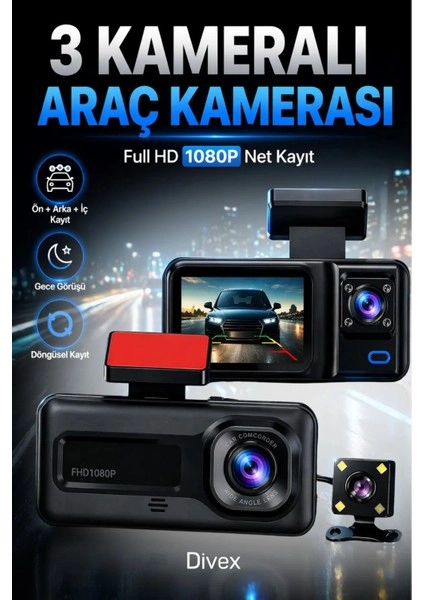HD 3 Kameralı Araç Kamerası Ön Arka İç Kayıt Gece Görüşlü G Sensörlü Geniş Açılı