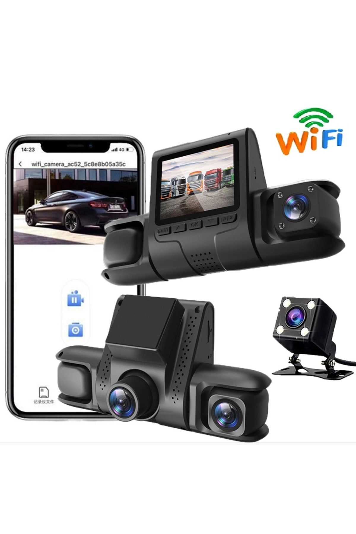 Wi-Fi Bağlantılı 1080P HD 4 Kameralı Araç İçi Kayıt Sistemi, 2.4 İnç Ekran ve Gece Görüş Özellikli