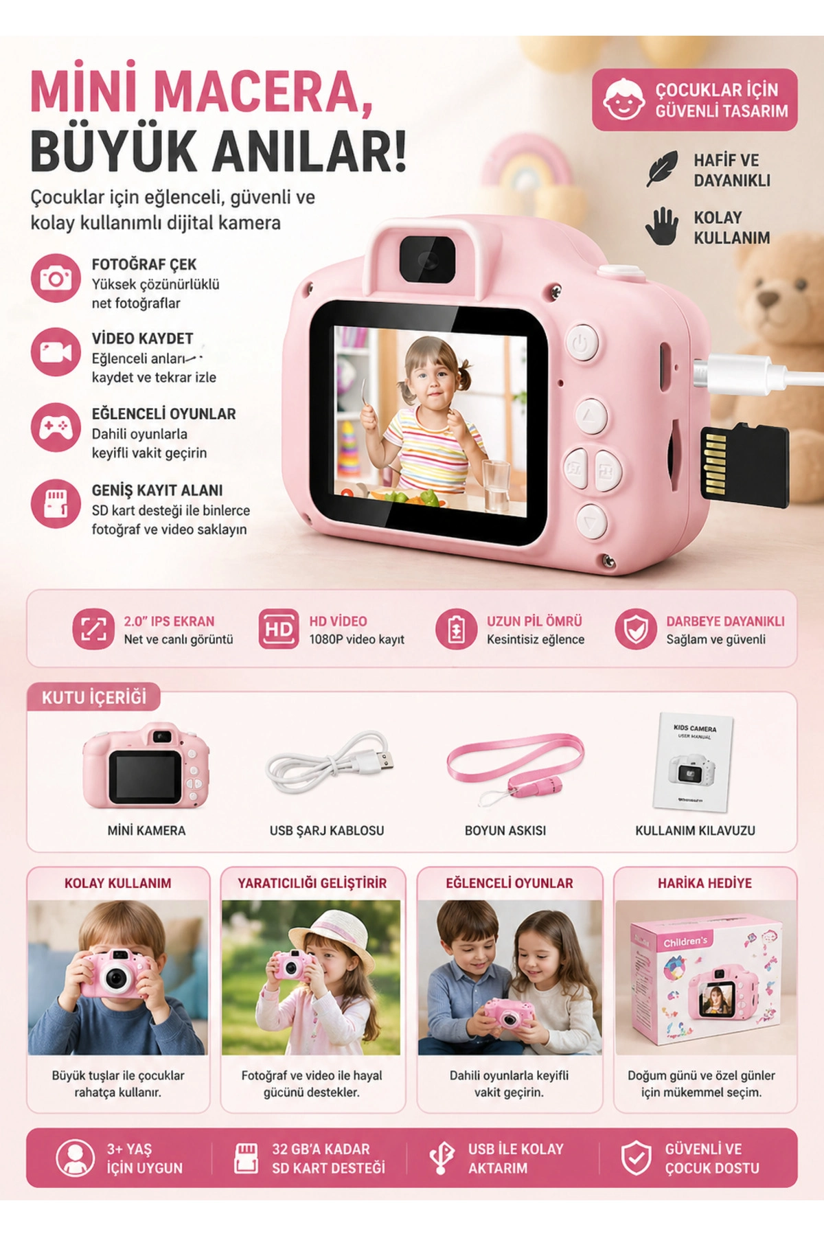 Dijital fotoğraf makinesi 2.0 inç ekran 1080p çözünürlük SD kart destekli pembe - 80-1600 ISO