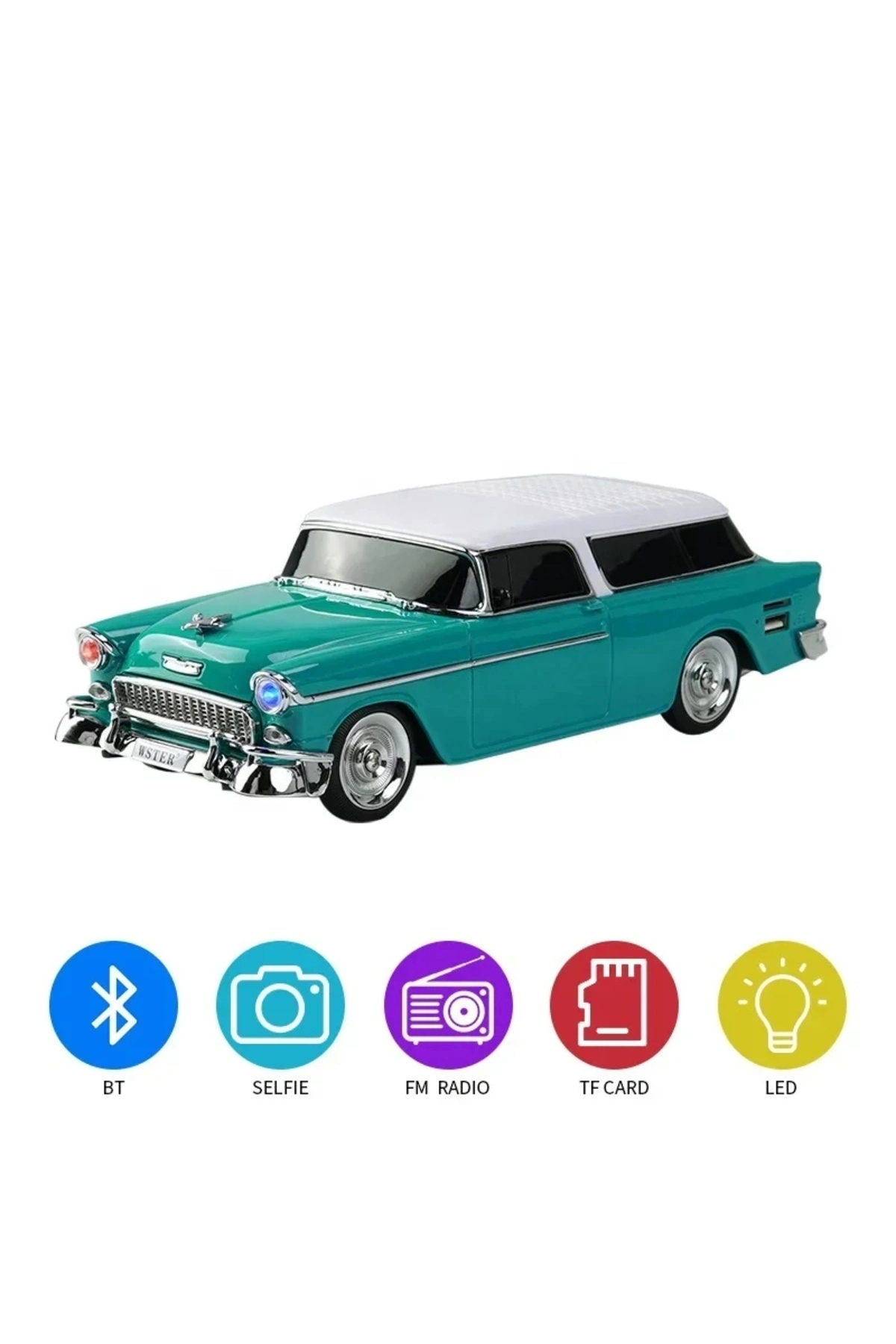 Bluetooth özellikli nostaljik araba tasarımlı hoparlör 10W FM radyo SD kart USB turkuaz