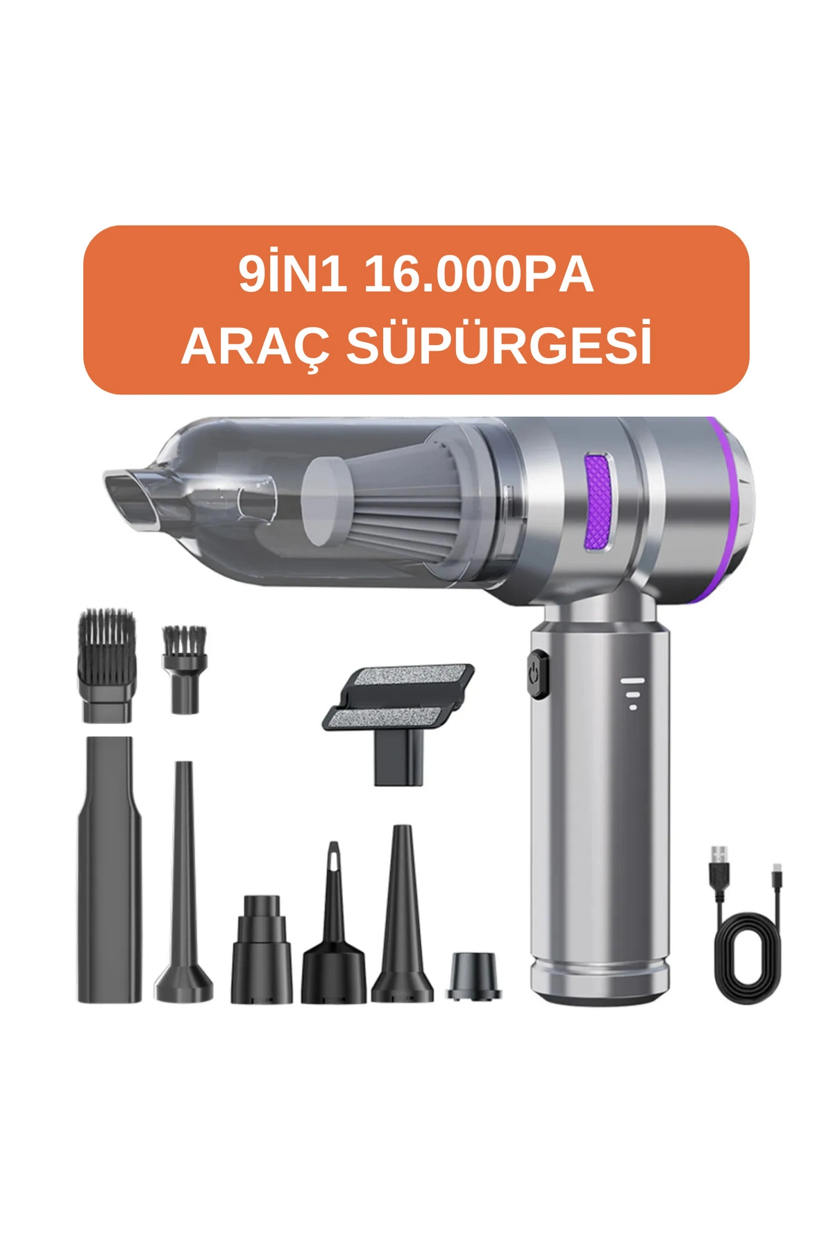 Araç içi süpürge şarjlı gümüş 0-250 watt 71-80 dba 2 yıl garantili 2-3 saat şarj süresi