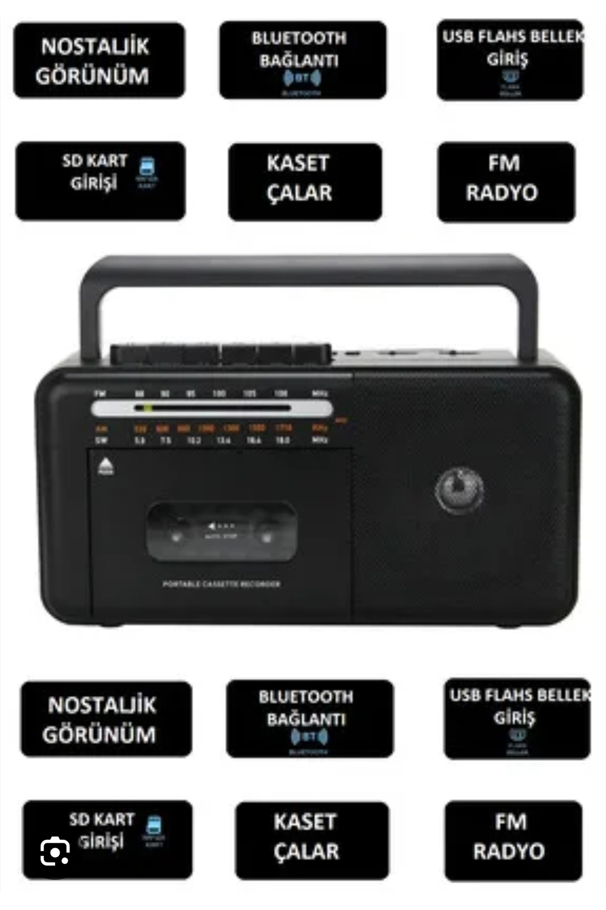 Taşınabilir nostaljik radyo kaset çalar FM radyo USB MP3 çalar Bluetooth hoparlör siyah