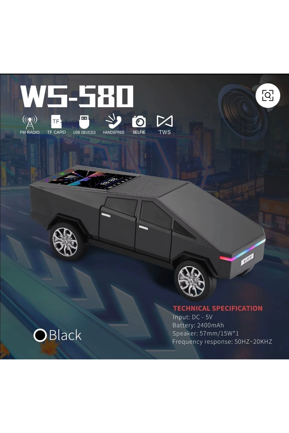 Şarjlı araba tasarımlı siyah Bluetooth hoparlör 15W FM radyo SD kart USB destekli
