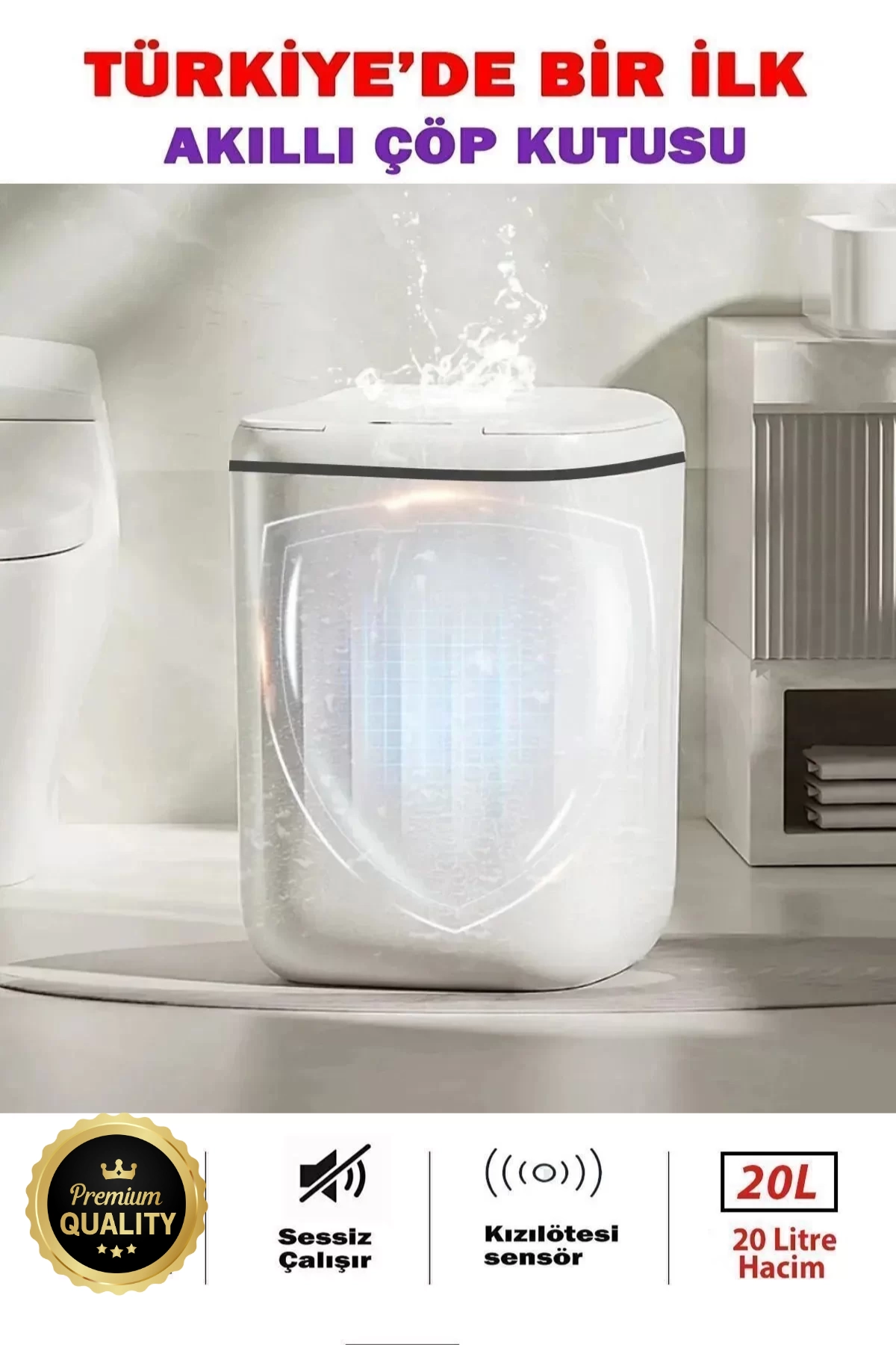Akıllı Teknolojik Çöp Kutusu Otomatik Sensörlu Çöp Tenekesi Pilli Çöp Kovası 20L