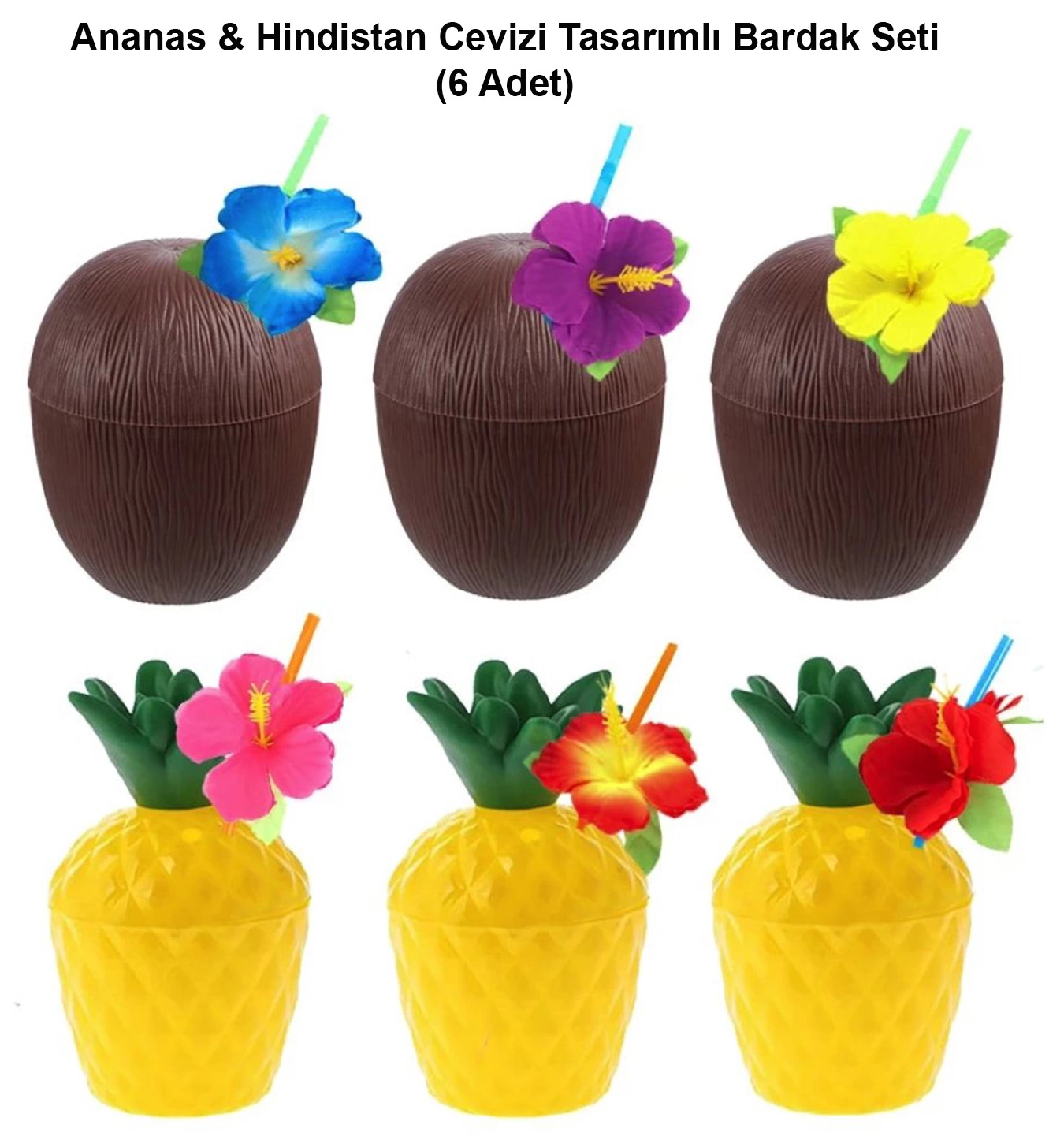 Ananas &amp; Hindistan Cevizi Tasarımlı Pipetli Bardak Seti (6 Adet)