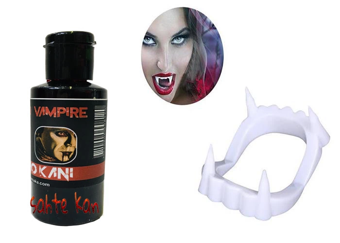 Beyaz Renk Çift Damak Takma Vampir Dişi ve 50 gr Tiyatro Kanı
