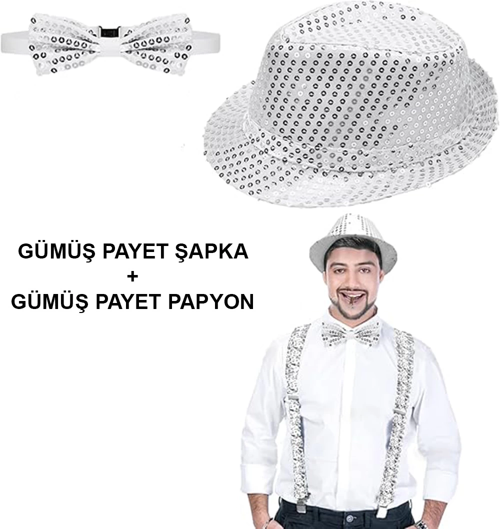 Gümüş Payetli Şapka ve Papyon Seti – Parıltılı Yetişkin Kostüm Seti